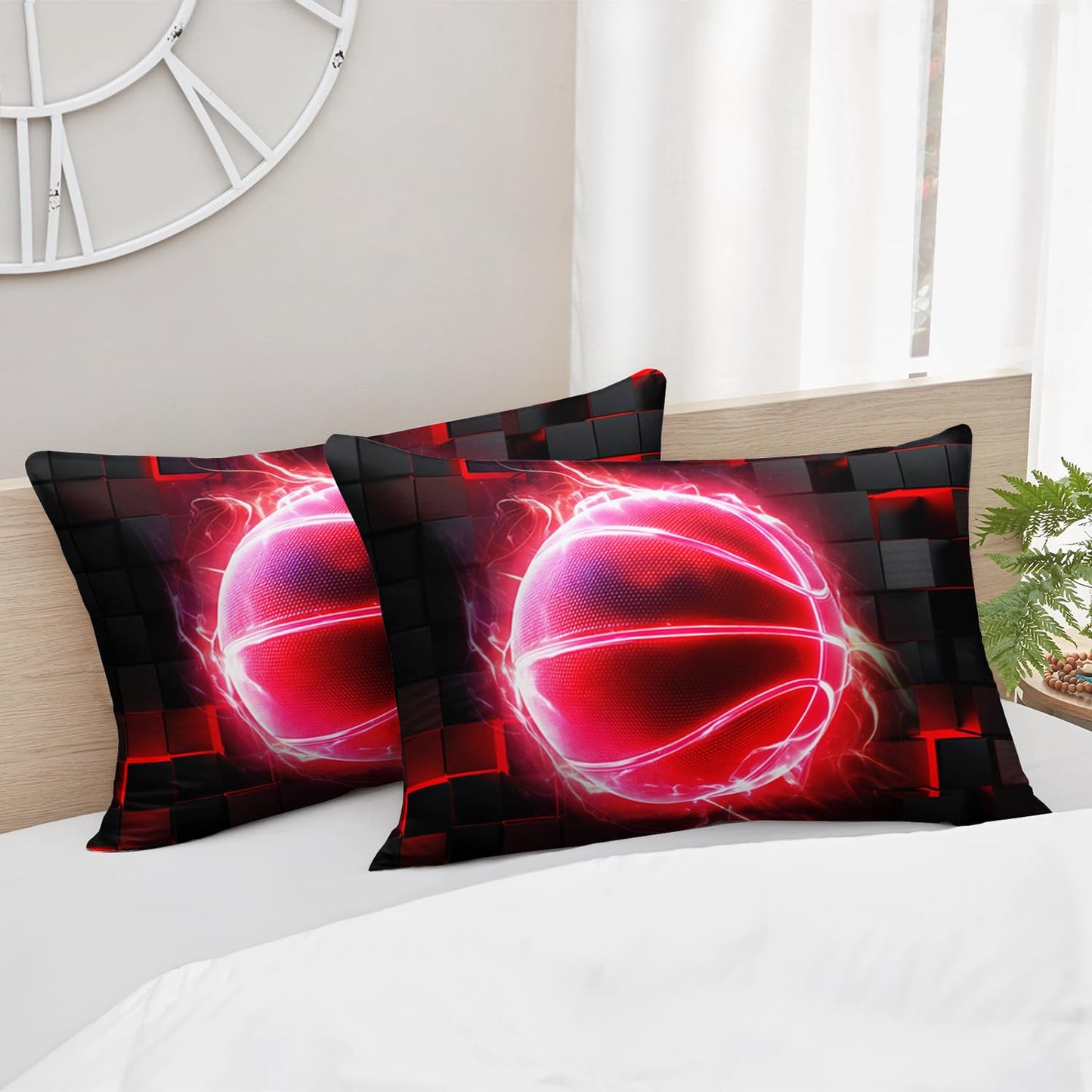 HOSIMA Basketball Fitted Sheet Twin,Basketball Wrapped in Flames,Black Red Geometric Background Pattern Cool Extreme Sports Bedding for Kids Boys Room Decor,1 Fitted Sheet+2 Pillowcases.