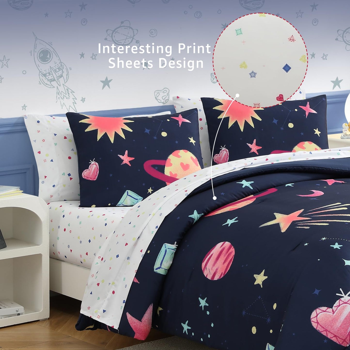 AMBERSPACE Twin XL Comforter Sets Planet, Space Bedding Set for Girls Boys Teen, All Season Kids Bed in a Bag Dorm 5 Pieces with Sheets, Pillowcase & Sham
