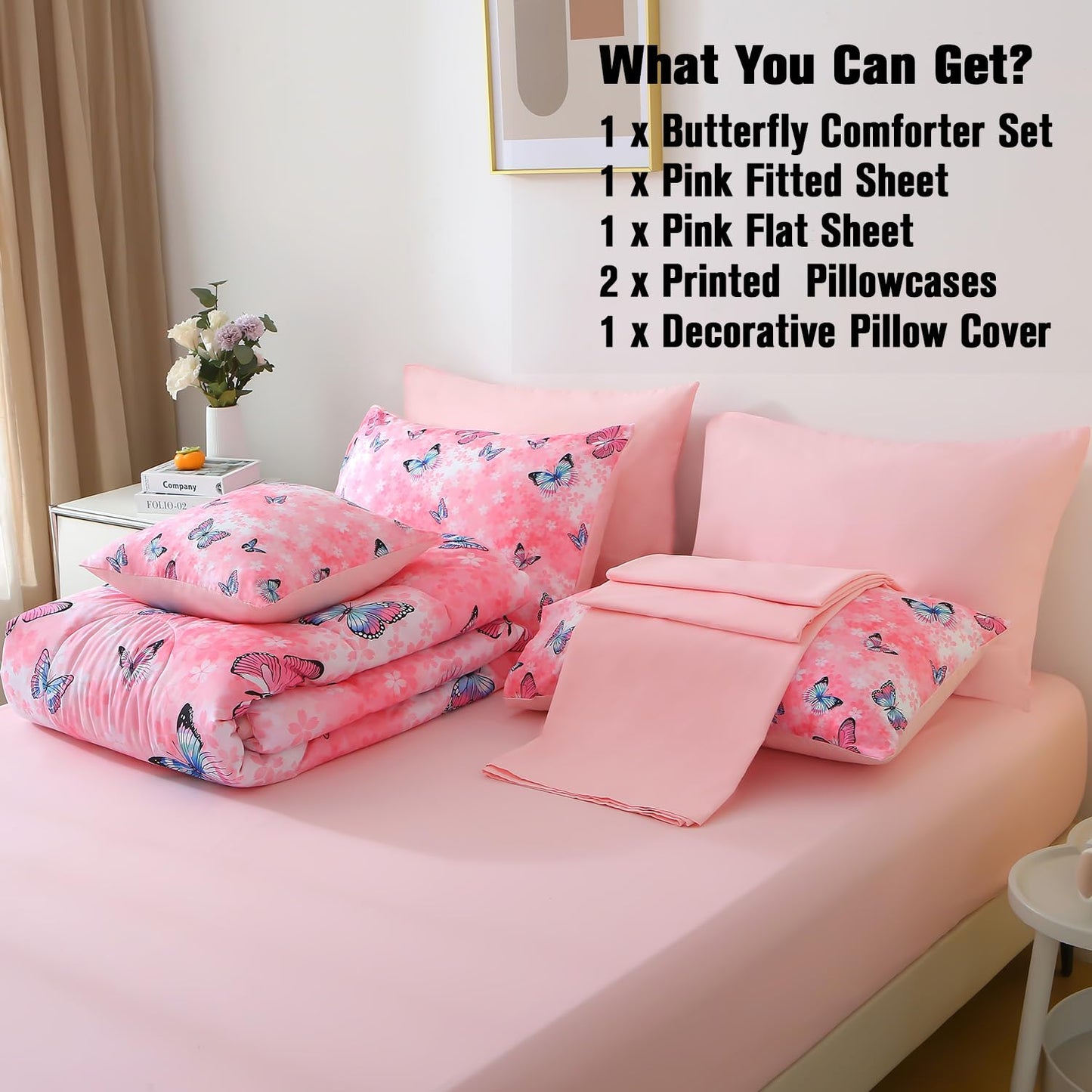JQinHome 6 Piece Butterfly Comforter Set Twin, 3D Pink Flower Printed Bedding Set, All Season Microfiber Butterfly Theme Home Decor Bedding for Girls with Sheet Sets (Pink)