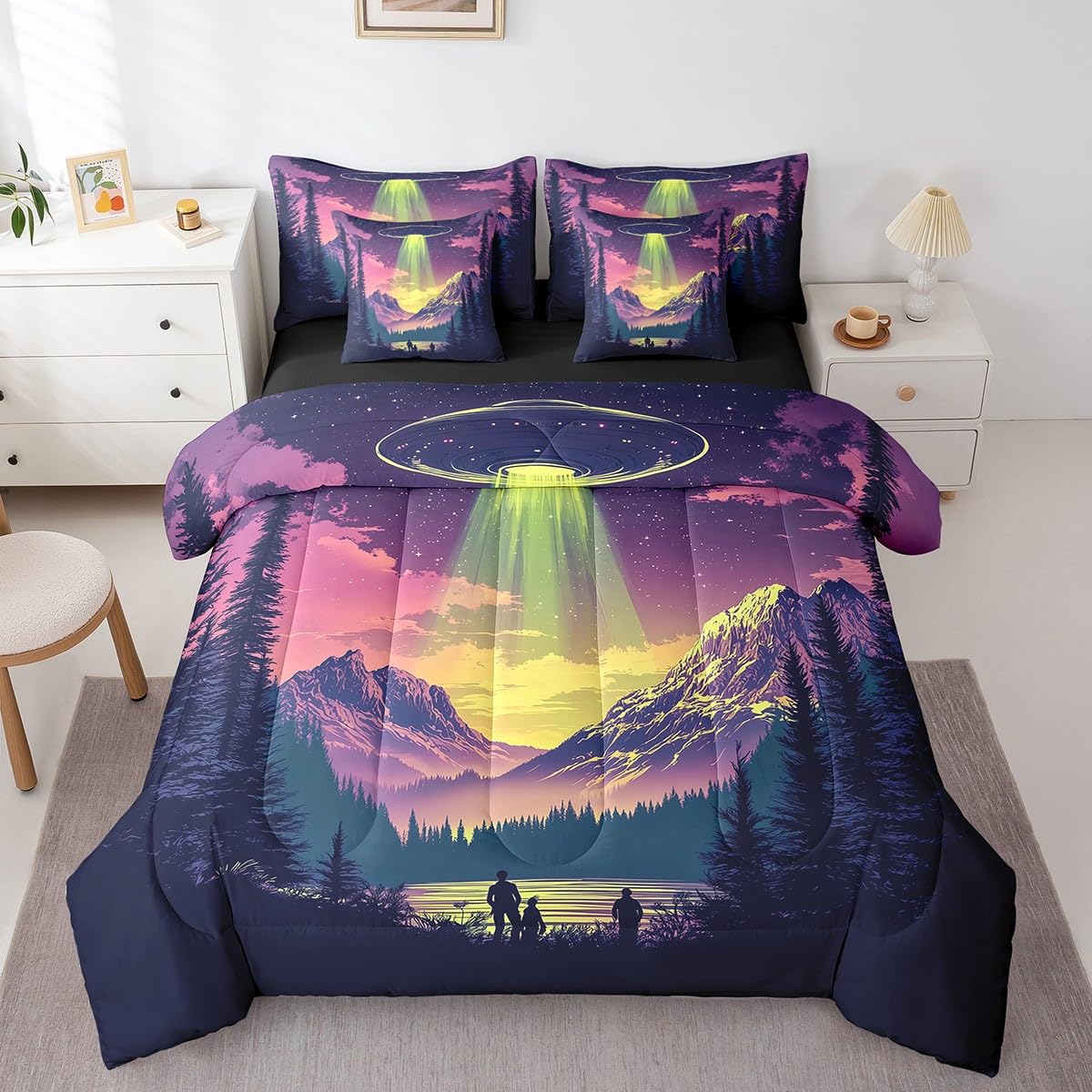 Feelyou Kids Galaxy 7 Pieces Bedding Set Queen Size, Outer Space Comforter Set with Sheets Boys Girls 3D Printed Space Bed in A Bag Space Outer Sky Teens Bed Set Bedroom Decor 7Pcs