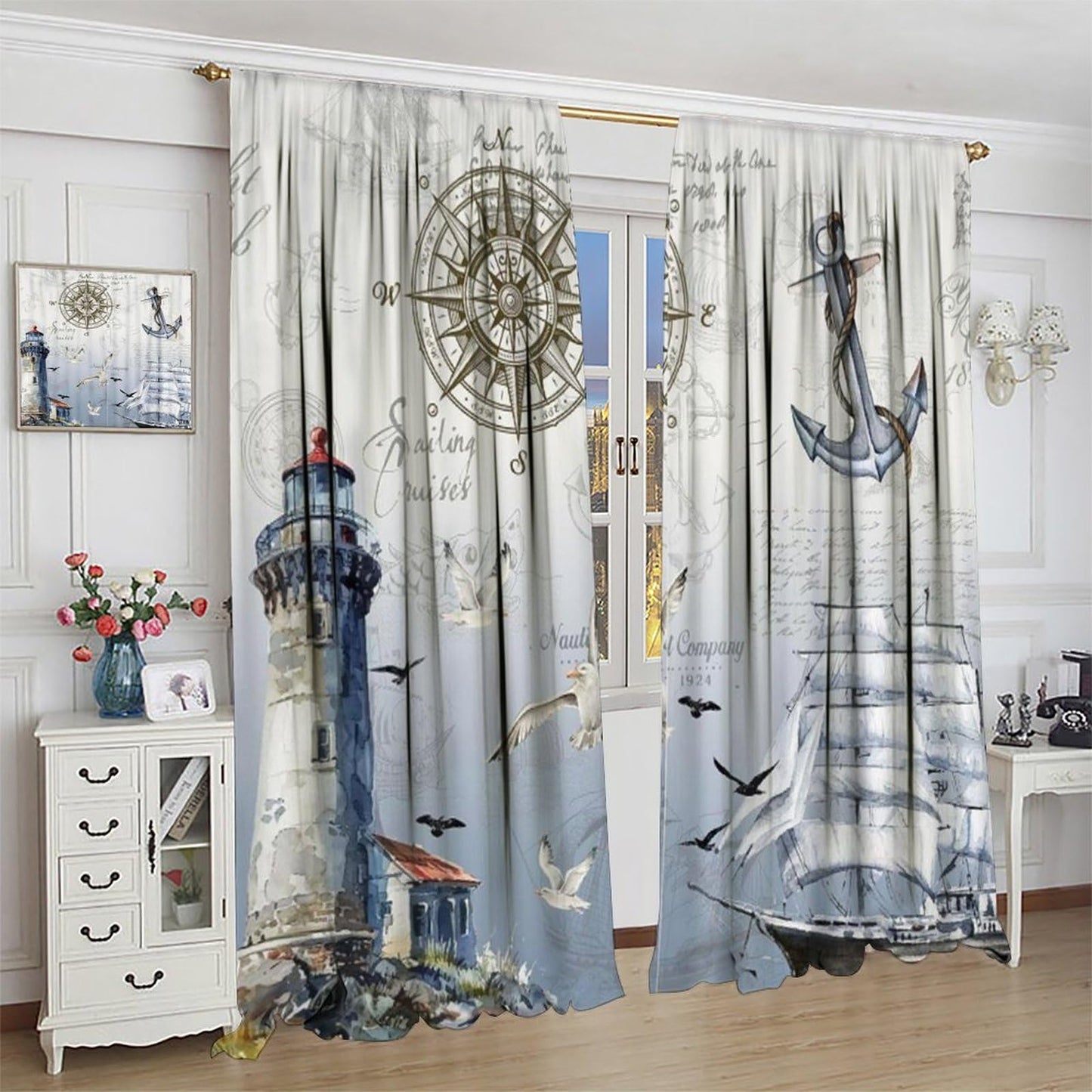 Nautical Curtains for Kitchen Vintage Blue Ocean Beach Retro Sailboat Map Rustic Lighthouse Compass Scene Print Windows Treatments for Kids Boys Bedroom Living Room Bathroom 42x44.5In（No Blackout）
