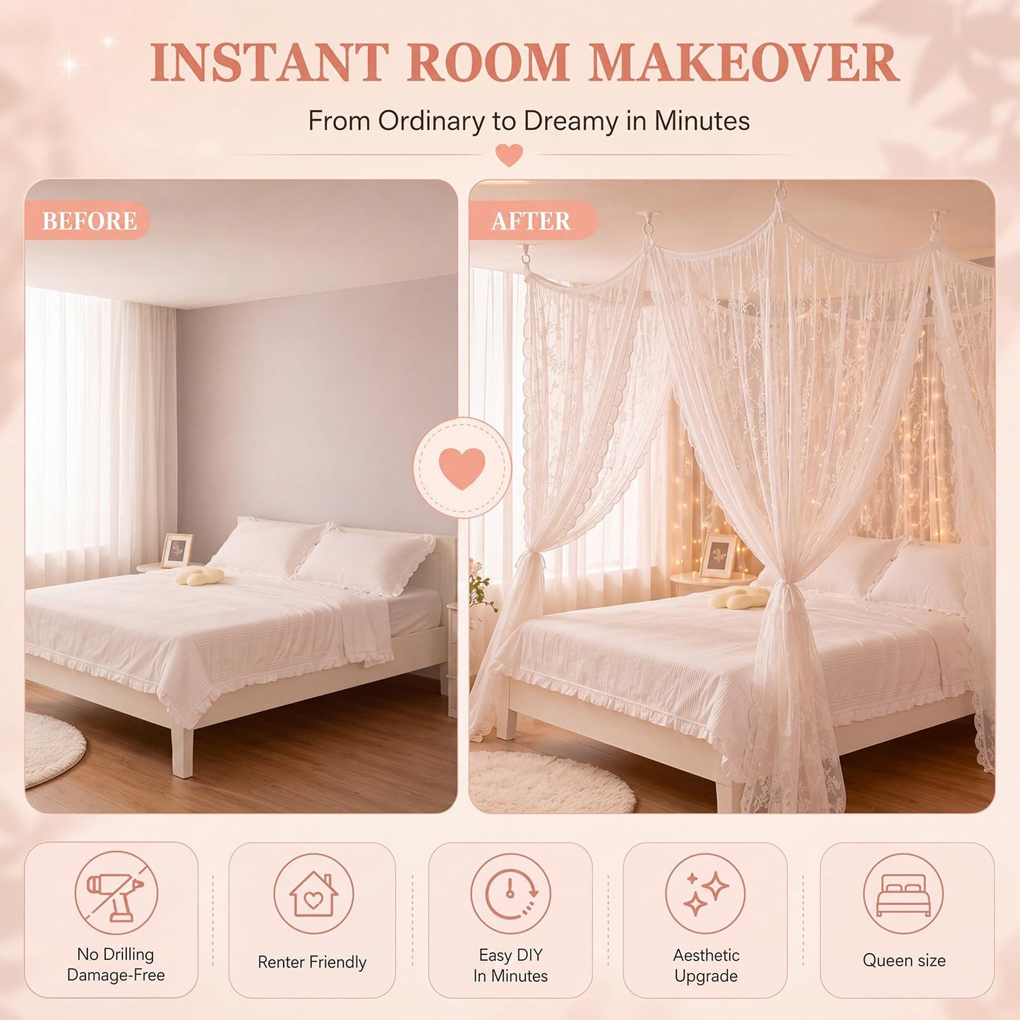 CrystalSylara 8 Panels Lace Bed Canopy Curtains with 10 Ceiling Hooks 40 x 84 and 30 x 84 Inch Curtains for Queen Size Bed Dorm Bedroom No Drill Romantic White Lace Canopy Tie Top DIY Setup