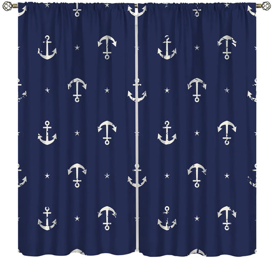 DKMQQUL Nautical Anchor Blackout Curtains, Ocean Beach Coastal Sailing Ship Boat Navy Blue Drapes for Bedroom Living Room Kitchen Window Treatment, 42x45 Inch