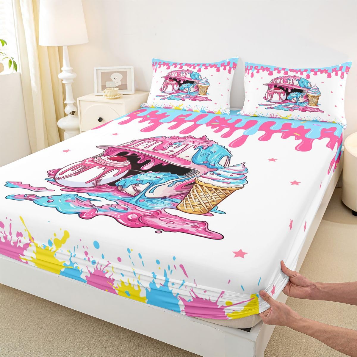 Homewish Ice Cream Drip Baseball Kids Sheet Full Size,Baseball Cap Hat Star Cherry Dessert Bedding Set, Ball Sport Games Competition Kids Room Decor,Blue Pink Sheet(Fitted+Flat+2 Pillowcases)