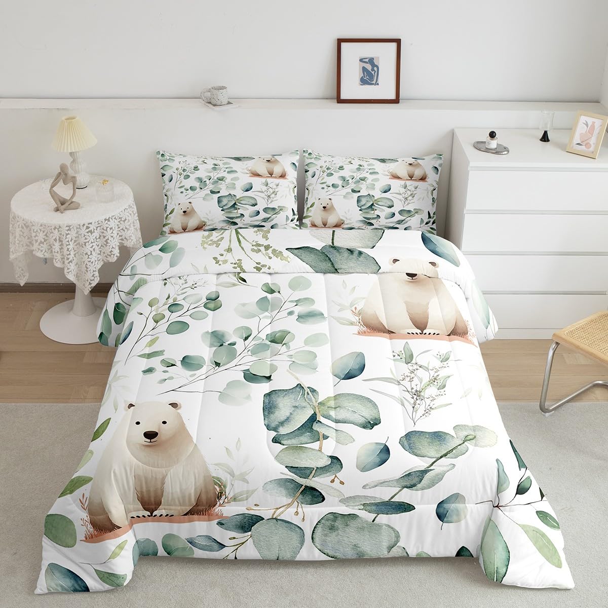 Erosebridal Boys Cartoon Animal Bed in a Bag 7-Piece for Kids Kawaii Polar Bear Bedding Set, Arctic Wildlife King Size Comforter Set White Green Bedding Comforter Sets, Botanical Eucalyptus Bed Set