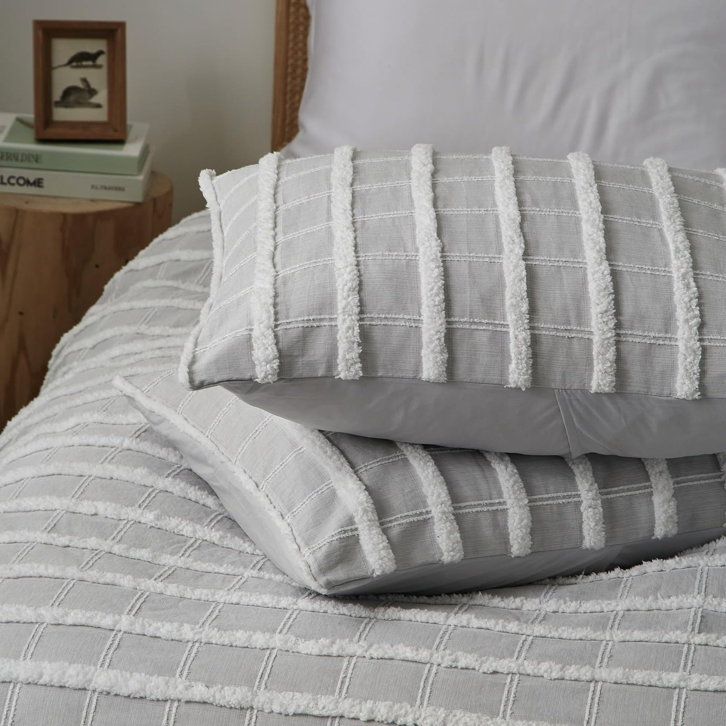Tufted Boho Grey Stripe Queen Duvet Cover with 2 Pillow Shams, No Comforter