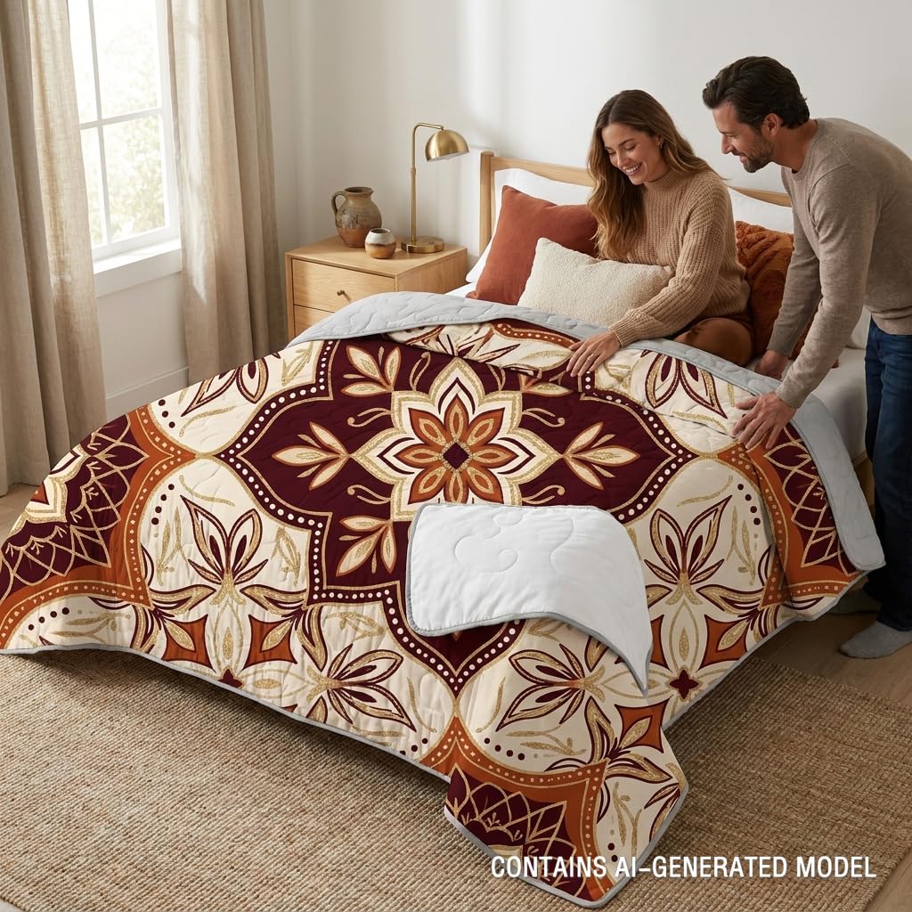 Boho Medallion Quilt Set, Warm Terracotta and Cream Lightweight Microfiber Bedspread with Matching Pillow Shams, Decorative Stitching for Cozy Bedroom Decor, Full/Queen