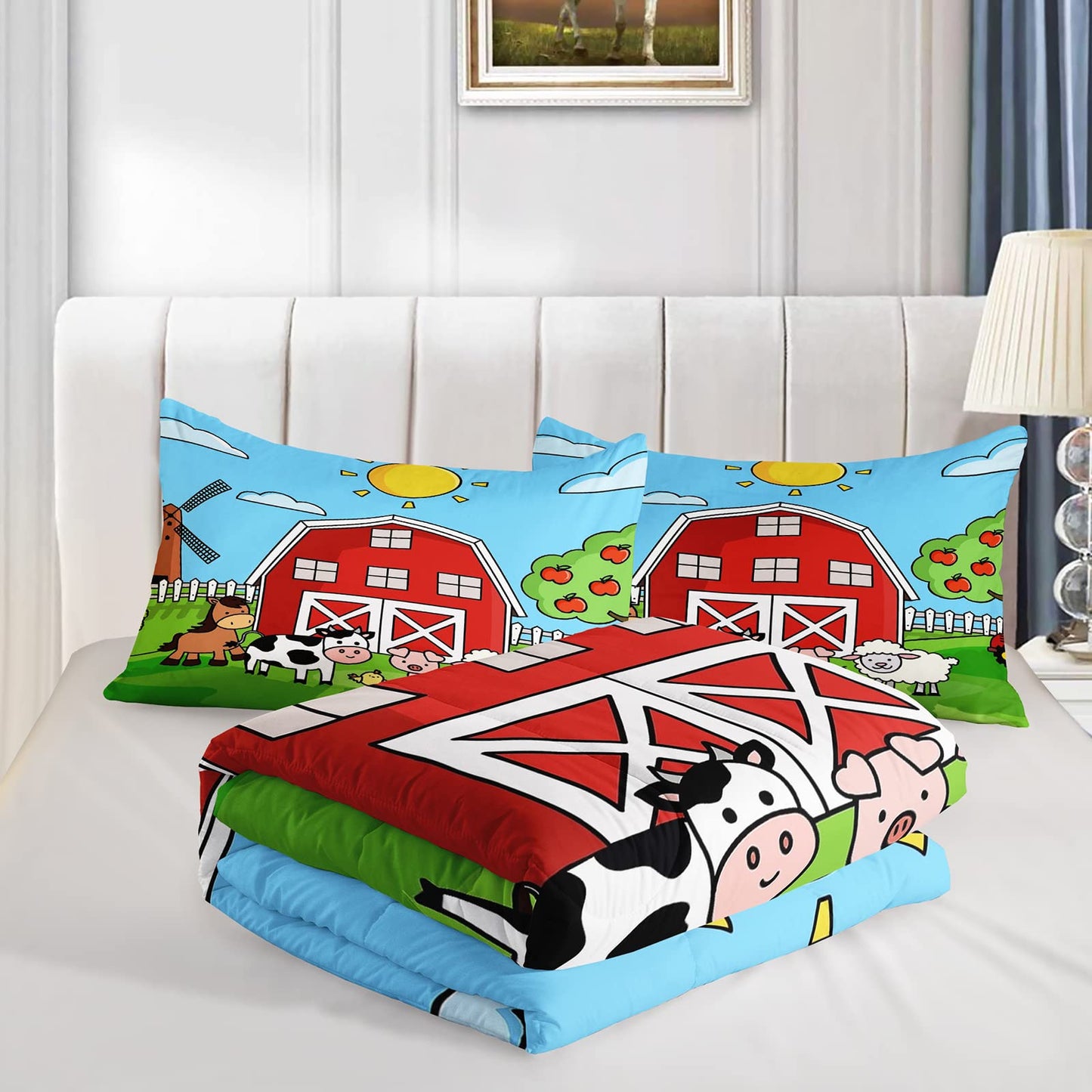 QOOMO Farm Animals Comforter,Farmhouse Comforter Set for Kids Teens Girls Boys,Cartoon Animals 3Pcs Bedding Set Printed Comforter with 2 Pillowcases,Down Alternative,Soft and Lightweight，Queen Size