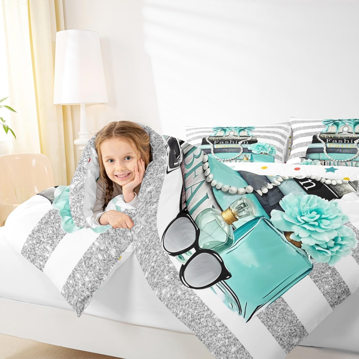 Erosebridal Paris Fashion Women Comforter King Size Teal Silver Modern Bedding Set for Kids Girls Teens Magazine White Stripe Girly Down Comforter Turquoise Rose Flower High Heel Makeup Duvet Insert