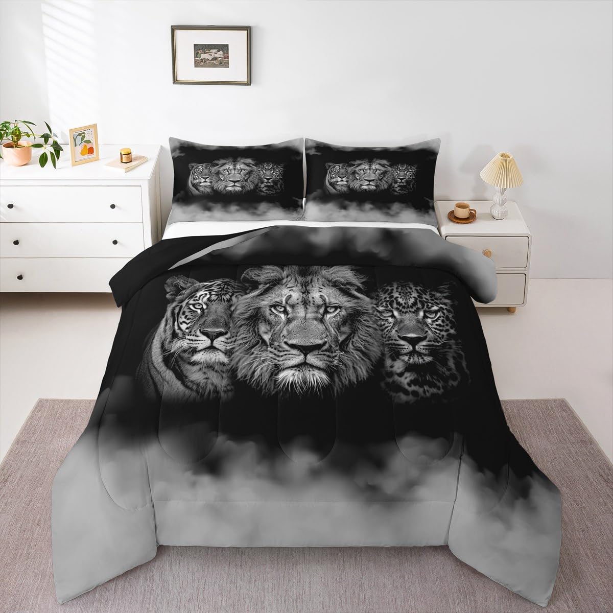 Wild Animals Comforter Set Queen Size Tiger Lion Leopard 3D Bedding Set 3pcs for Kids Boys Men Home Room Decor,Black White Smog Quilt Set Modern Microfiber Duvet Insert with 2 Pillowcases