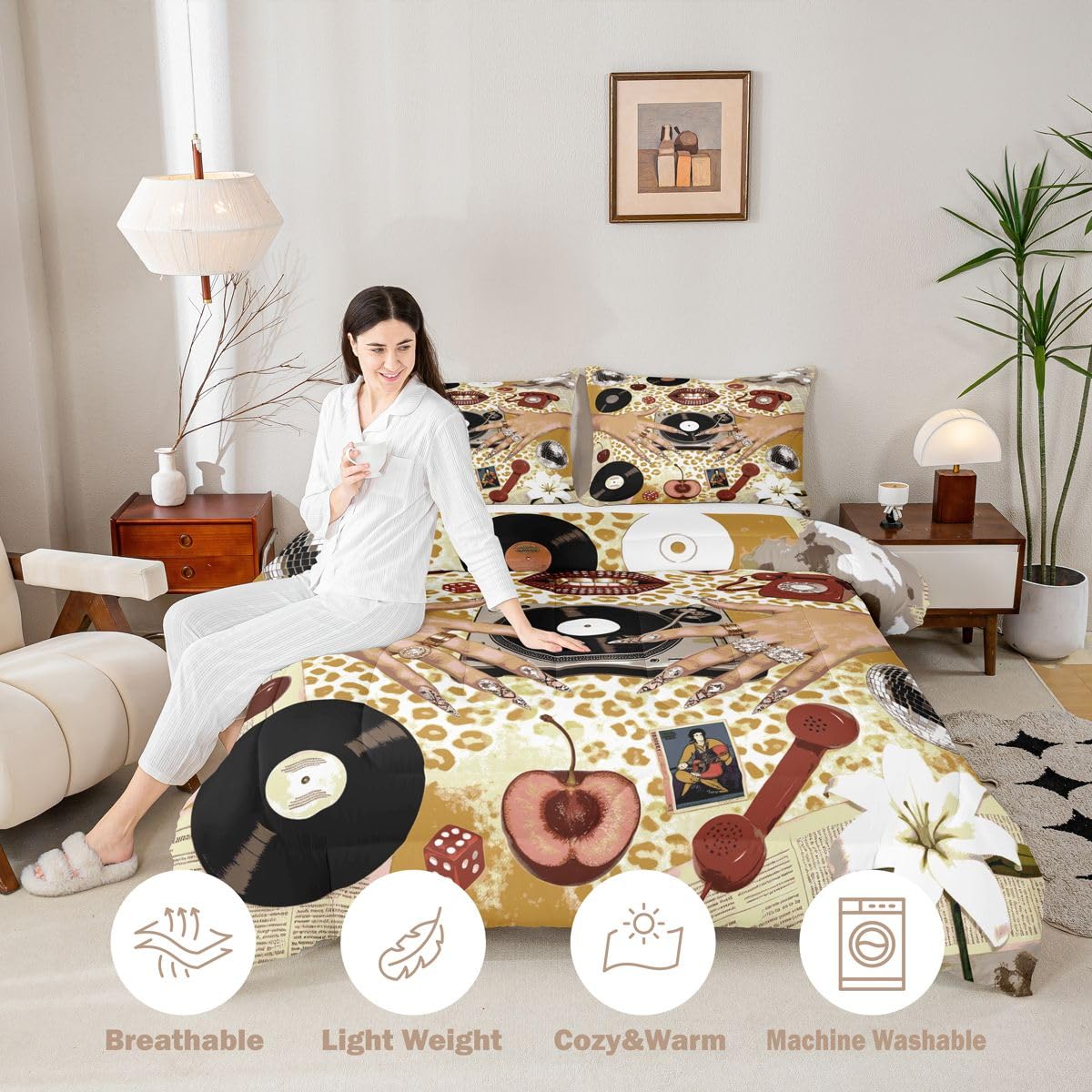 Music Vinyl Record Down Comforter Queen Size,Trendy Black Woman Bedding Sets 3Pcs for Kids Teens Woman Men Room Decor,Leopard Cheetah Pattern Quilted Duvet Retro Coquette Bedspread,2 Pillowcases