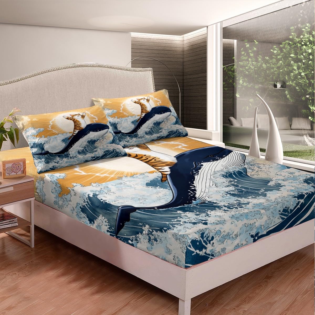 Feelyou Cute Cat Whale Bedding Sheets Full Japanese Ukiyoe Theme Bed Sheet Set for Adult Kids Cartoon Anime Fitted Sheet Navy Blue Bed Cover 3Pcs,1 Fitted Sheet+2 Pillow Sham（No Flat Sheet）