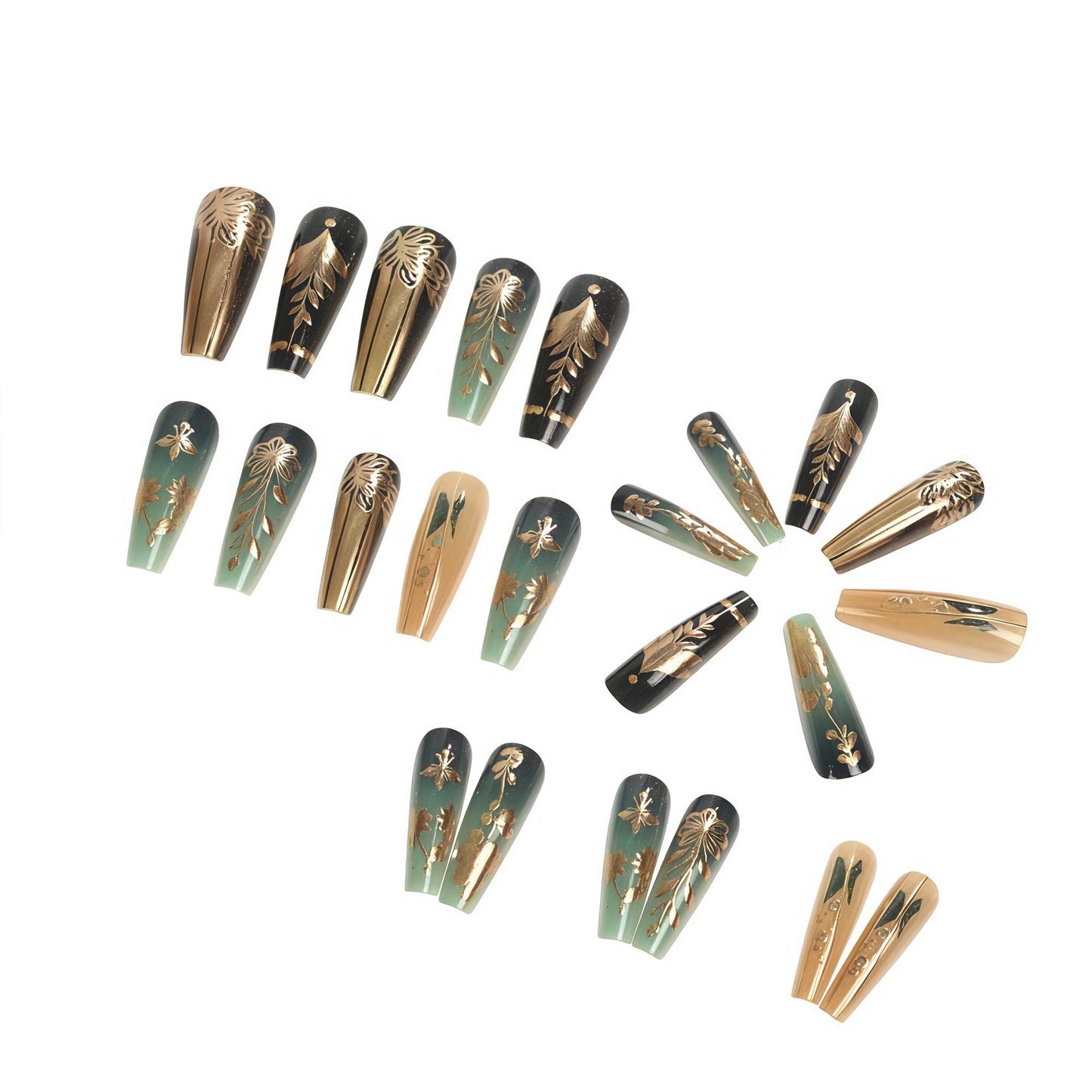 MERVF 24Pcs Long Coffin Press on Green Gold Fake Nails with Flower, Leaf Design Luxury Glue ons Acrylic Glossy Finish Manicure