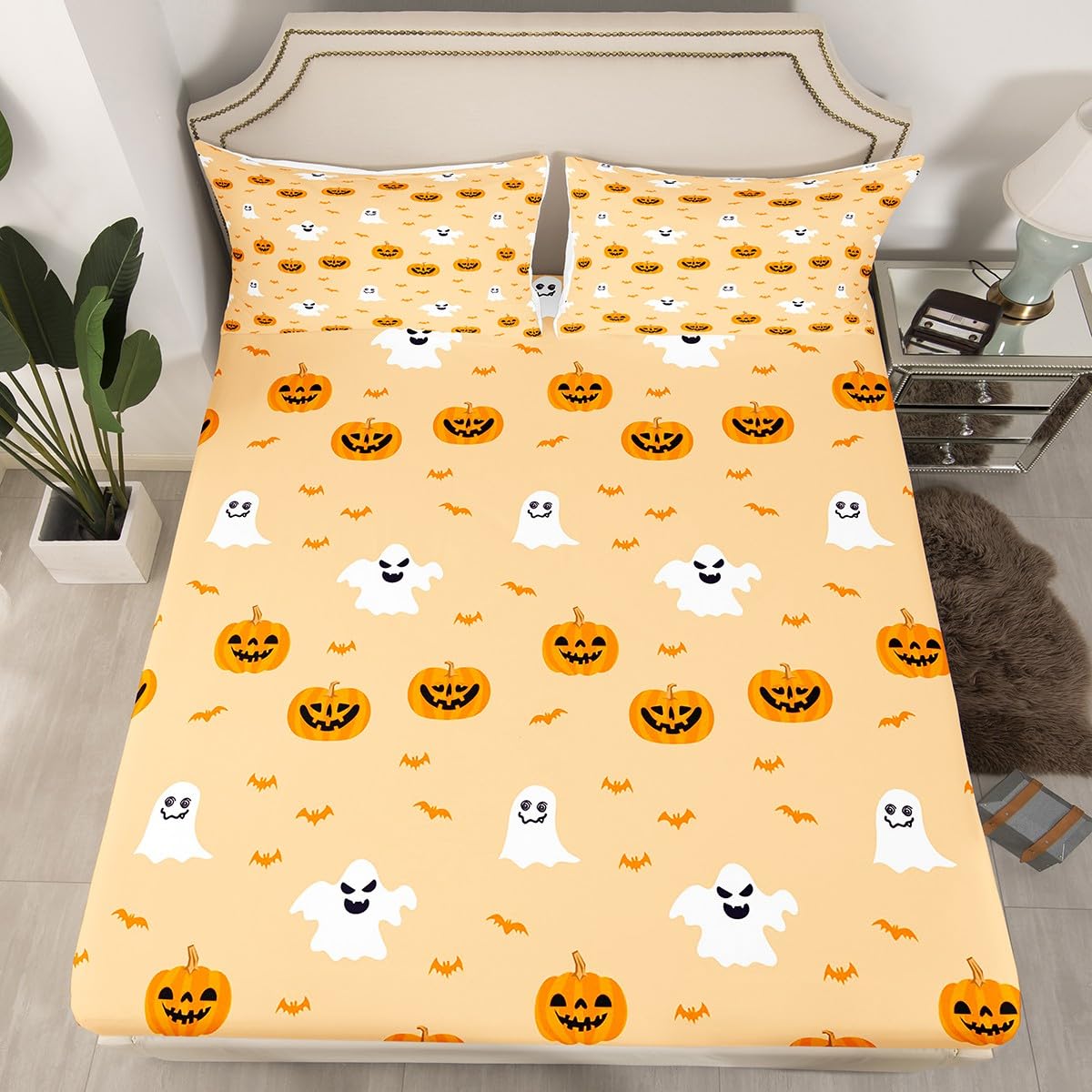 jejeloiu Kids Pumpkin Lantern Sheet Set King Size Halloween Bed Sheets Set for Boys Girls Teens Room Decor Cute Ghost Sheets with Deep Pocket Fitted Sheet Women Men Yellow Bedding Set,4Pcs