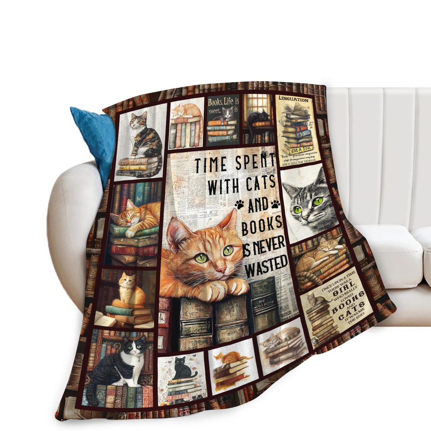 Dynova Cat Blanket Cozy Plush Book Throw Blankets Cozy Plush Cats Books Lovers Gifts Fuzzy Flannel Fleece for Women Men Girls Boys 50"X40"