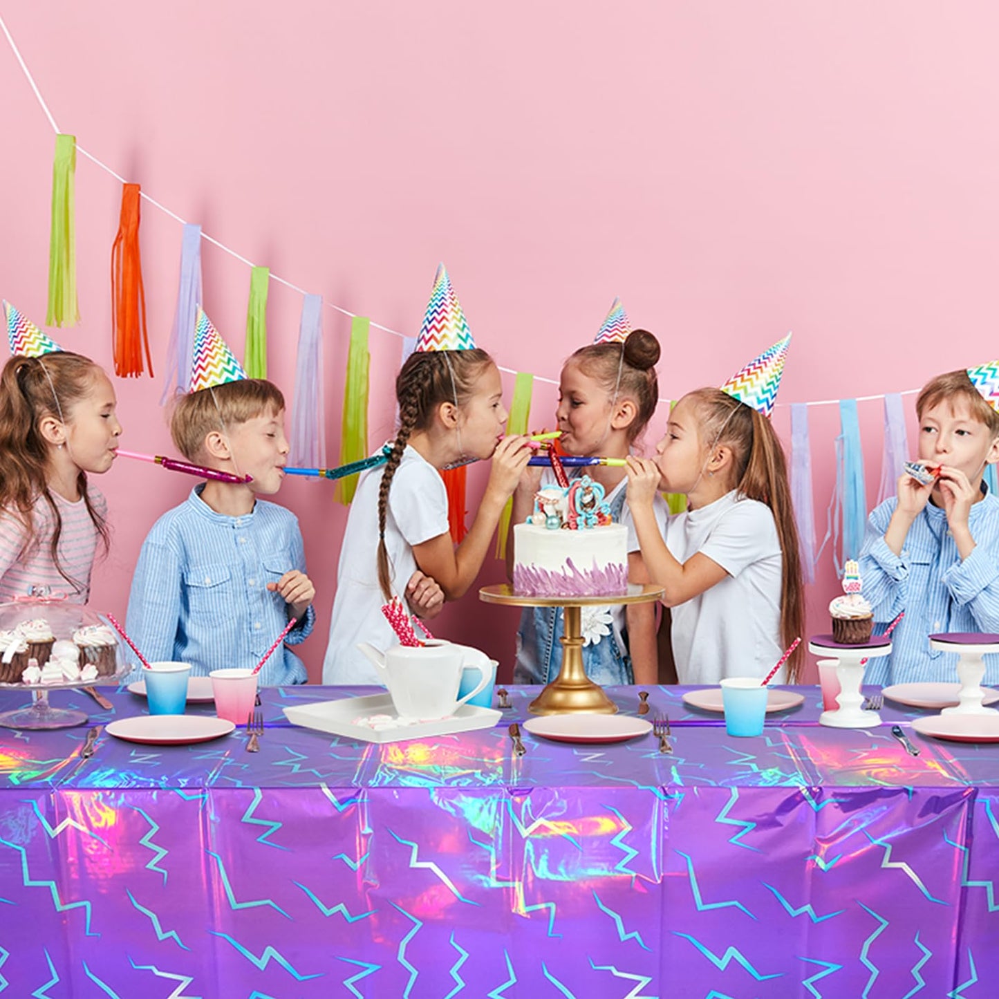 3 Pack Iridescent Purple and Blue Kpop Plastic Tablecloth 54x108 Inch, Holographic Laser Disposable Table Cover, Rectangle Purple and Blue Table Cloth for Kpop Halloween Birthday Party Decorations