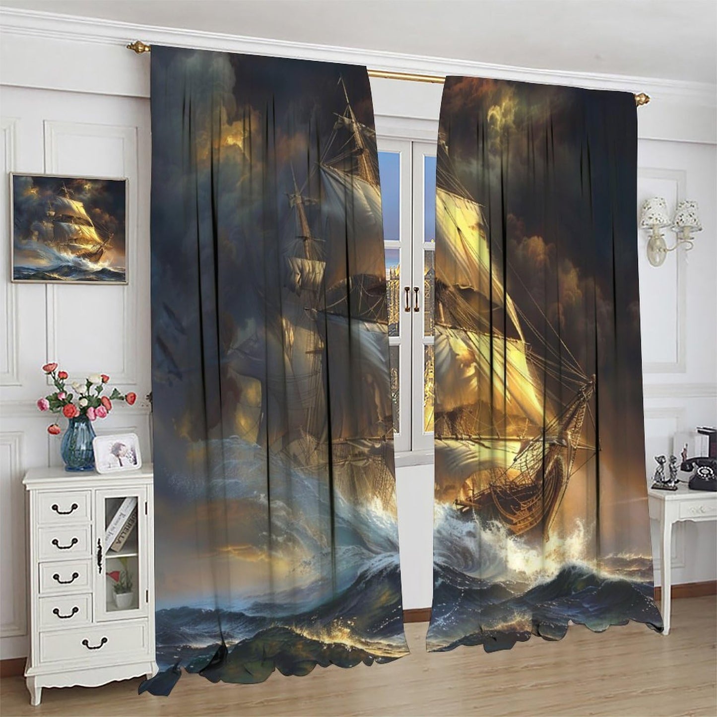 TOWINSFB Retro Ship Ocean Wave Blackout Curtains for Bedroom Living Room, Classic Nautical Sailboat Thermal Insulated Room Darkening Curtain - 42" W x 45" L