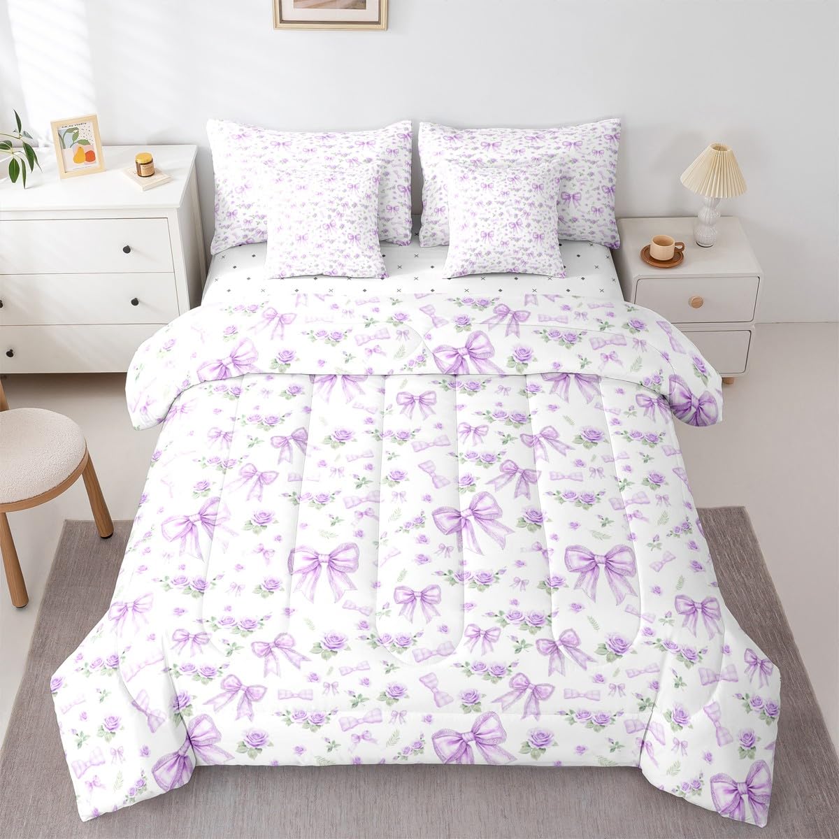 Erosebridal 7 Piece Purple Bow Bedding Set for Toddler Kids Teen Girl Girly Rose Floral Bow Twin Comforter Set with Sheets Preppy Bed in A Bag Aesthetic Coquette Bedding Comforter Sets with Flower