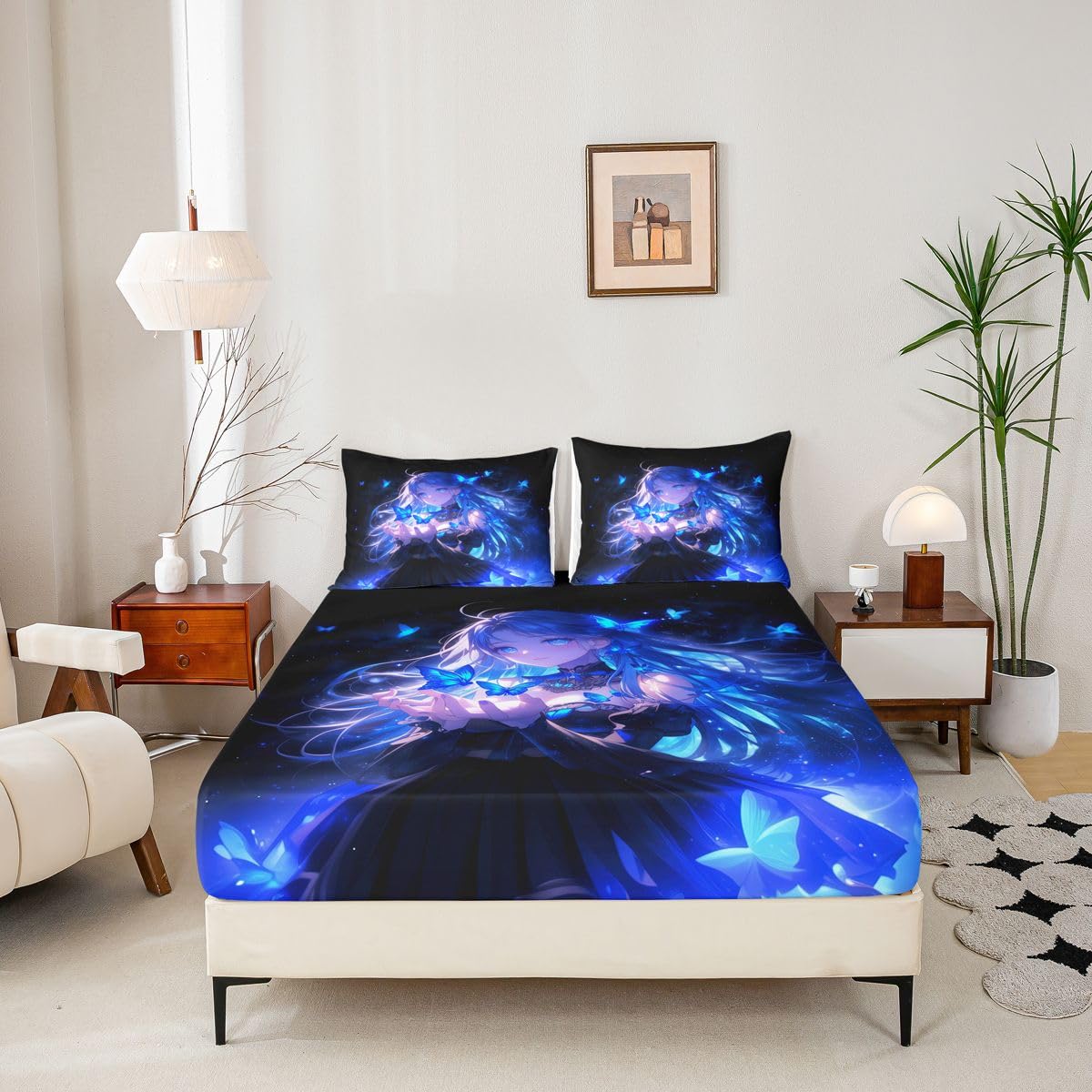 Erosebridal 3D Japanese Girl Fitted Sheet for Boys Girls Kids Blue Butterfly Decorations Queen Bed Sheets,Cartoon Sheets Anime Gifts for Her Bedding Sets, No Top Sheet