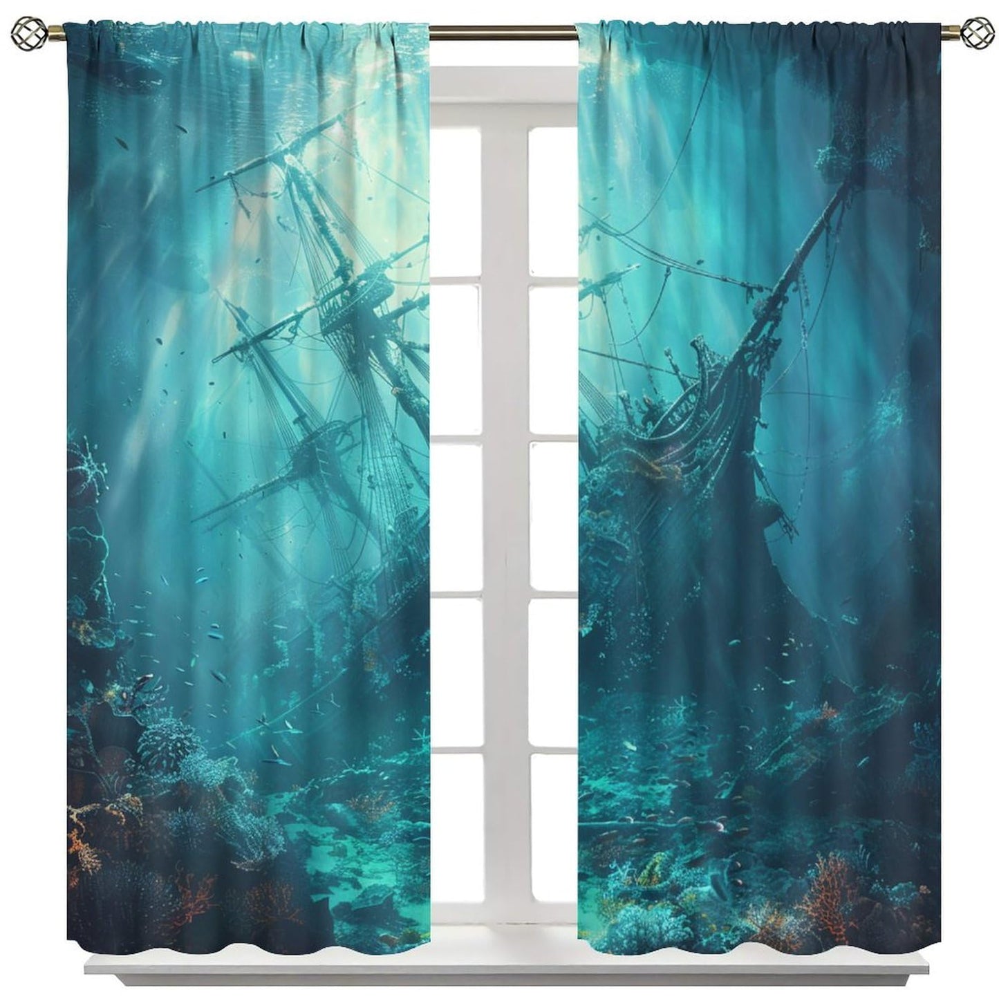 TOWINSFB Ancient Pirate Ship Blackout Curtains, Fish Shoal Mysterious Undersea World Coral Home Decor Rod Pocket Window Drapes for Living Room Bedroom - 42" W x 63" L