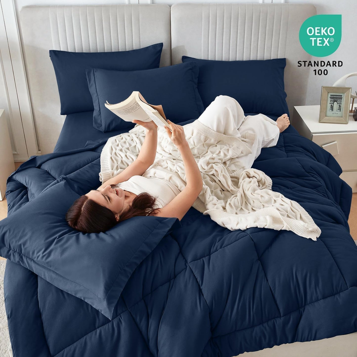 Sasttie Queen Comforter Set, Navy 7 Pieces Bed in a Bag Queen, Complete Bedding Set Includes Comforter, Flat Sheet, Fitted Sheet, Pillowcases and Pillow Shams, Navy