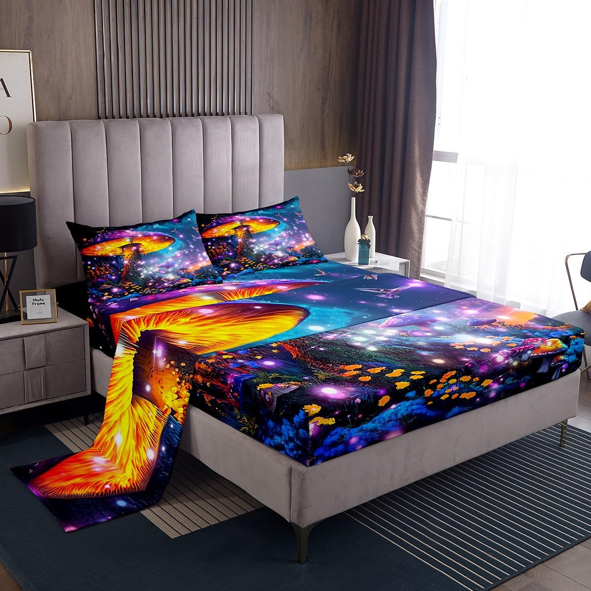 Feelyou Cute Mushroom Decor Bed Sheets Set Dreamy Mushrooms Sheet Set for Kids Boys Girls Teens Colourful Fungus Sheets with Deep Pocket Fitted Sheet Queen Size Wild Mushroom Stuff Bedding Set 4Pcs