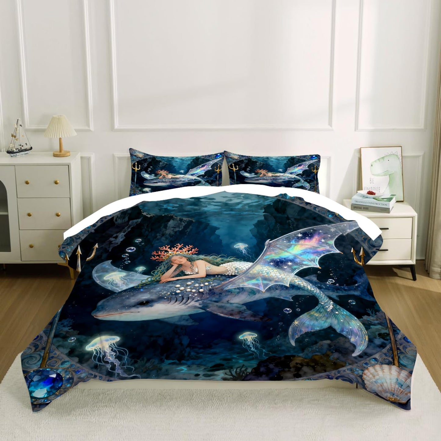 kxry Mermaid King Bedding Sets for Girls Kids, Ocean Fish Scales Quilt, Coastal Nautical Sea Animal Comforter Sets, Cute Jellyfish Duvet, Sparkle Mermaid Fish Scale Soft Comforter, 3 Pcs