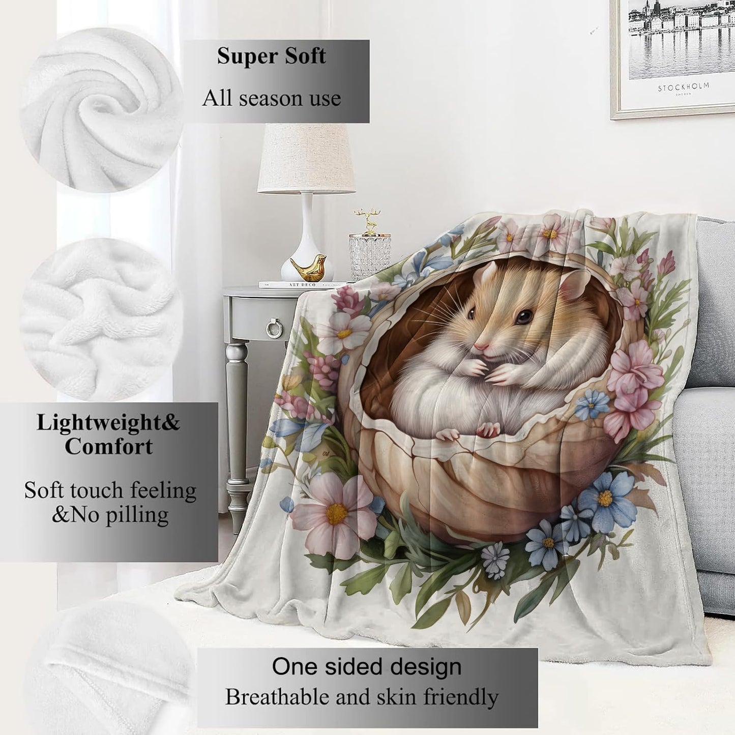 VODRM Hamster Blanket,50x60in,Cute Animal in Floral Nest Pastel Flower Throw Blankets,Gifts for Kids Girls Women, Lightweight Soft Fleece Cozy,for Sofa Couch Bed Room Travel Modern Decor