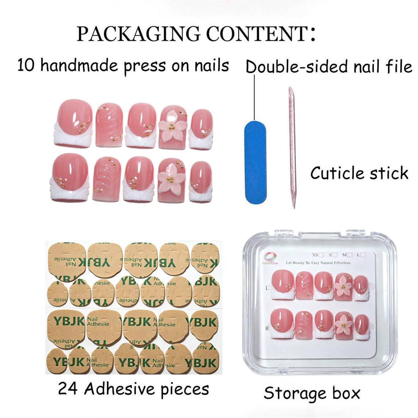 EasierGlow 10Pcs Handmade Short Square Press On Nails | Easy Apply & Remove, Reusable Salon Quality Nails | Pink Press Ons with White French Tips, 3D Floral & Gold Bead Accents (Y213, S)
