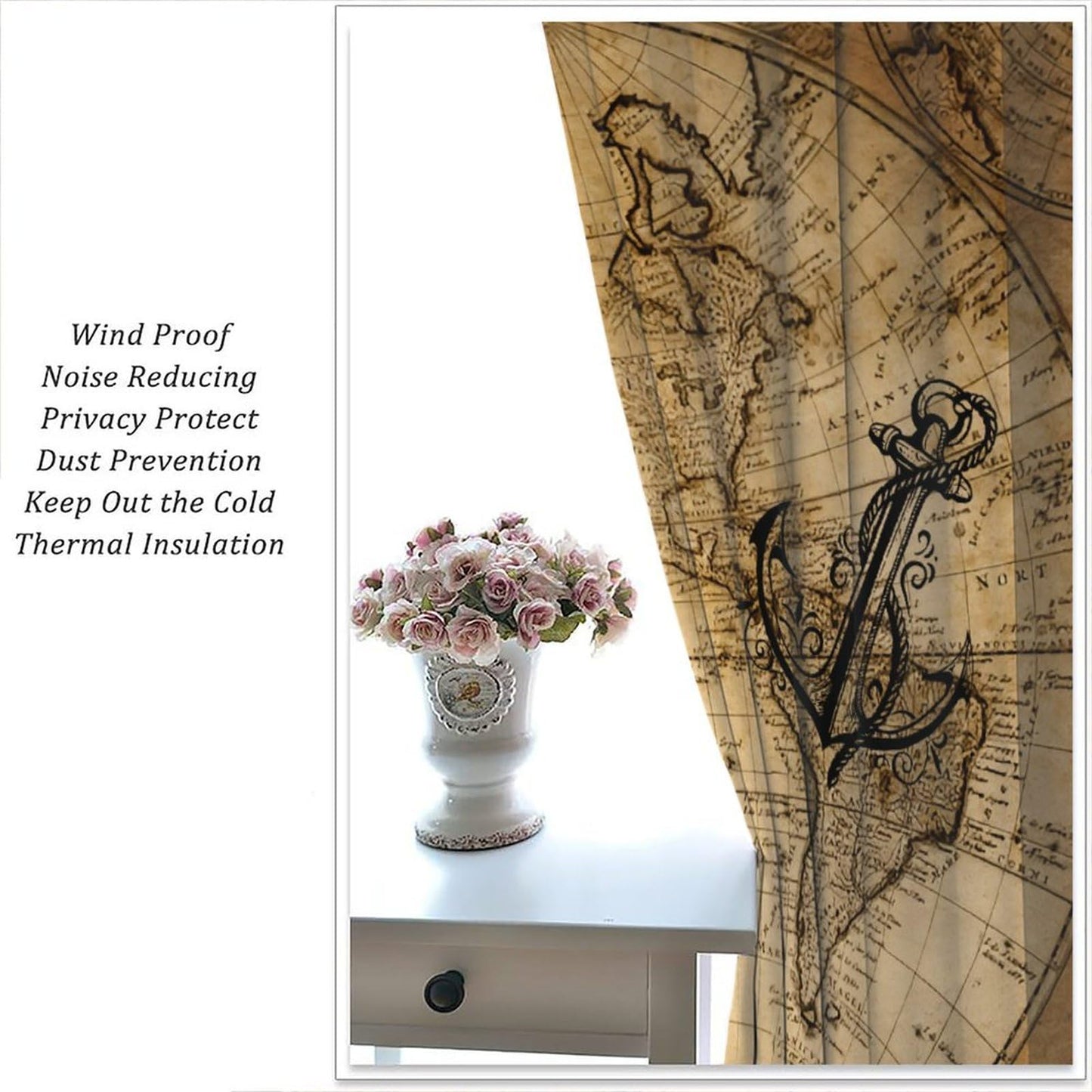 Nanacur World Map Curtains, Vintage Rustic Farmhouse Middle Ages Old Sea Map Nautical Ocean Theme Window Drapes for Bedroom Living Room 41" W X 45" L (No Blackout)