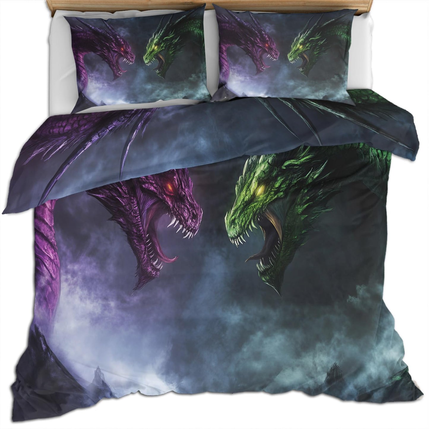 PAISUOQ Duvet Cover Queen Size - Fantasy Dragon Bedding & Home Decor, Mysterious Animals Comforter Cover with 2 Pillow Shams & Zipper, Microfiber & Easy Care, Purple Green Dragon Gifts