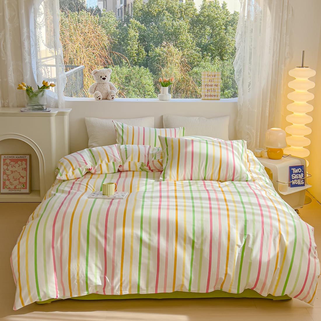 LIWHENHAO Striped Duvet Cover Set Queen 100% Cotton Bedding Red Green Yellow Orange Pink Rainbow Line on White 1 Stripe Geometric Comforter Cover Full 2 Pillowcases for Kids Girls Boys Woman