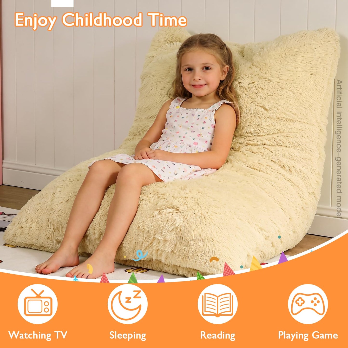 Treokion 3 in 1 Kids Bean Bag Chair Bed, Kids Fluffy Stuffed Floor Pillow for Gaming and Reading, Ultra Soft Faux Fur Fabric Bean Bag Chairs to Lounger for Playroom, Living Room, Bedroom, Beige