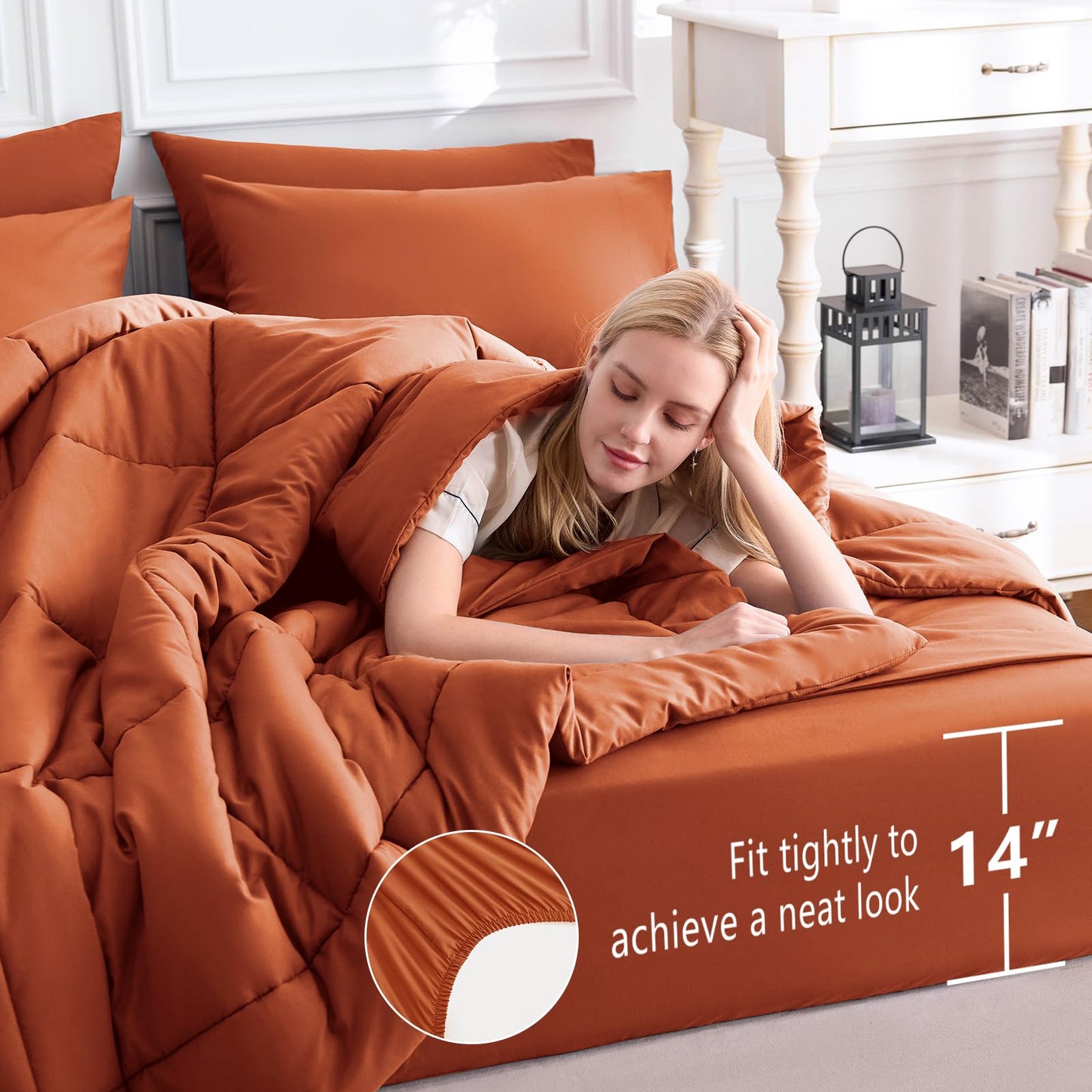 CozyLux Queen Comforter Set Terracotta, 7 Pieces Bed in a Bag, Burnt Orange Fall Comforters Queen Size, All Season Bedding Sets with Stitch Quilted Comforter, Flat Sheet, Fitted Sheet, Pillowcases