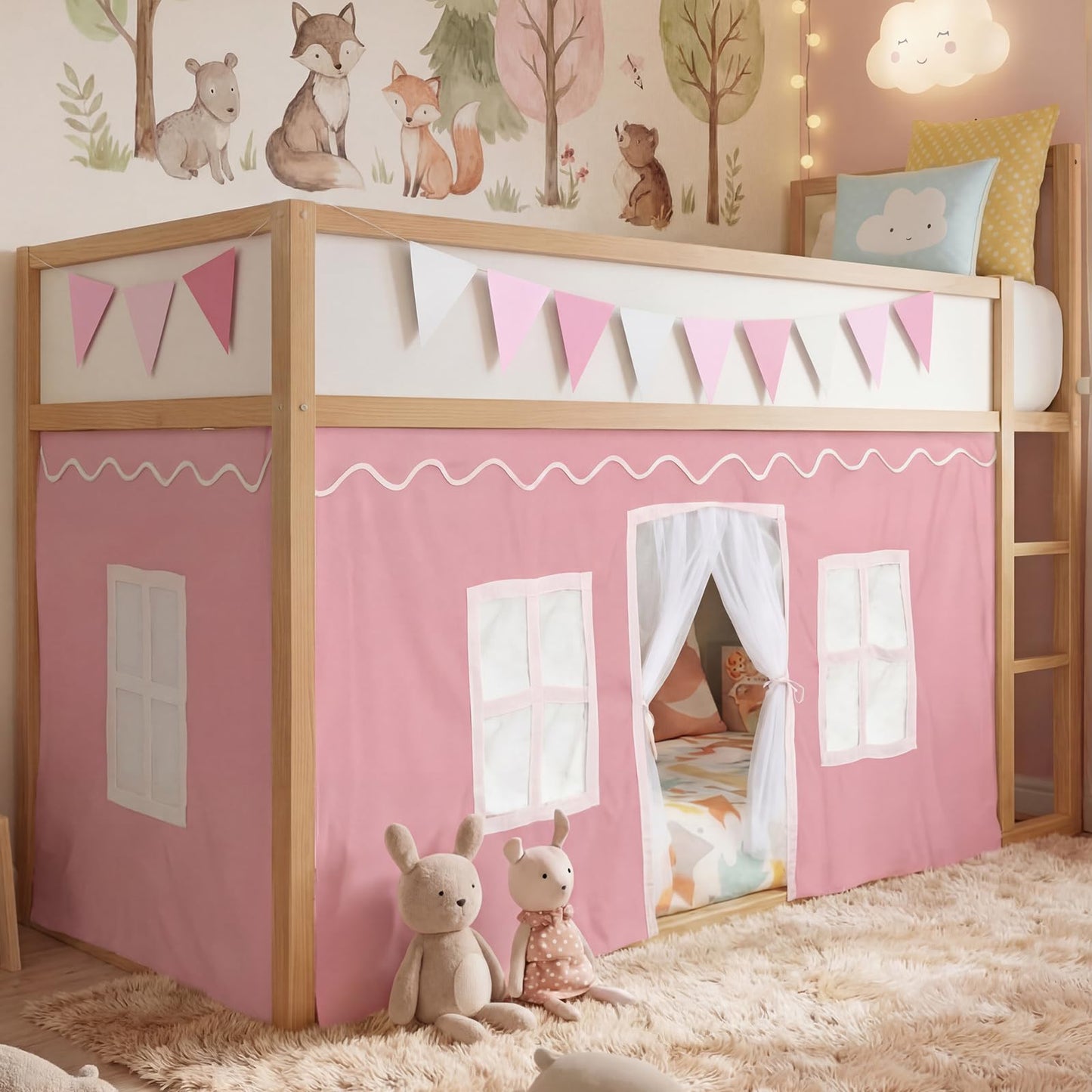 Breling 3 Panel Bunk Bed Curtains for Bottom Loft Bed Tent Set with Felt Flag Double-Layer Twin Bunk Curtains Playhouse Accessories for Boy Girl Bedroom(Pink and White,Classic)