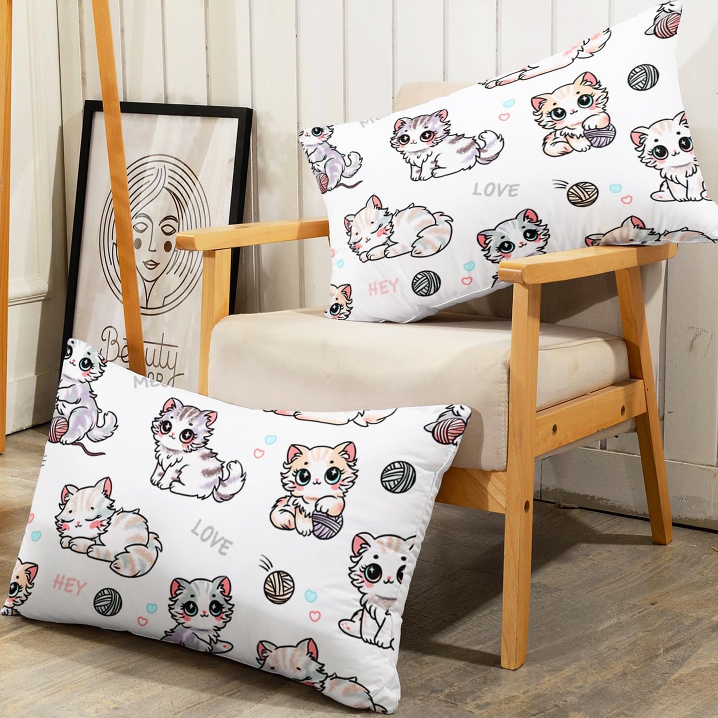AILONEN Kids Cute Cat Fitted Sheet Set Twin Size, Cartoon Cat Print Bedding Set for Girls,Kawaii Animal Theme Microfiber Bed Sheet Set for Bedroom Decor,1 Fitted Sheet and 2 Pillowcases,3 Pieces