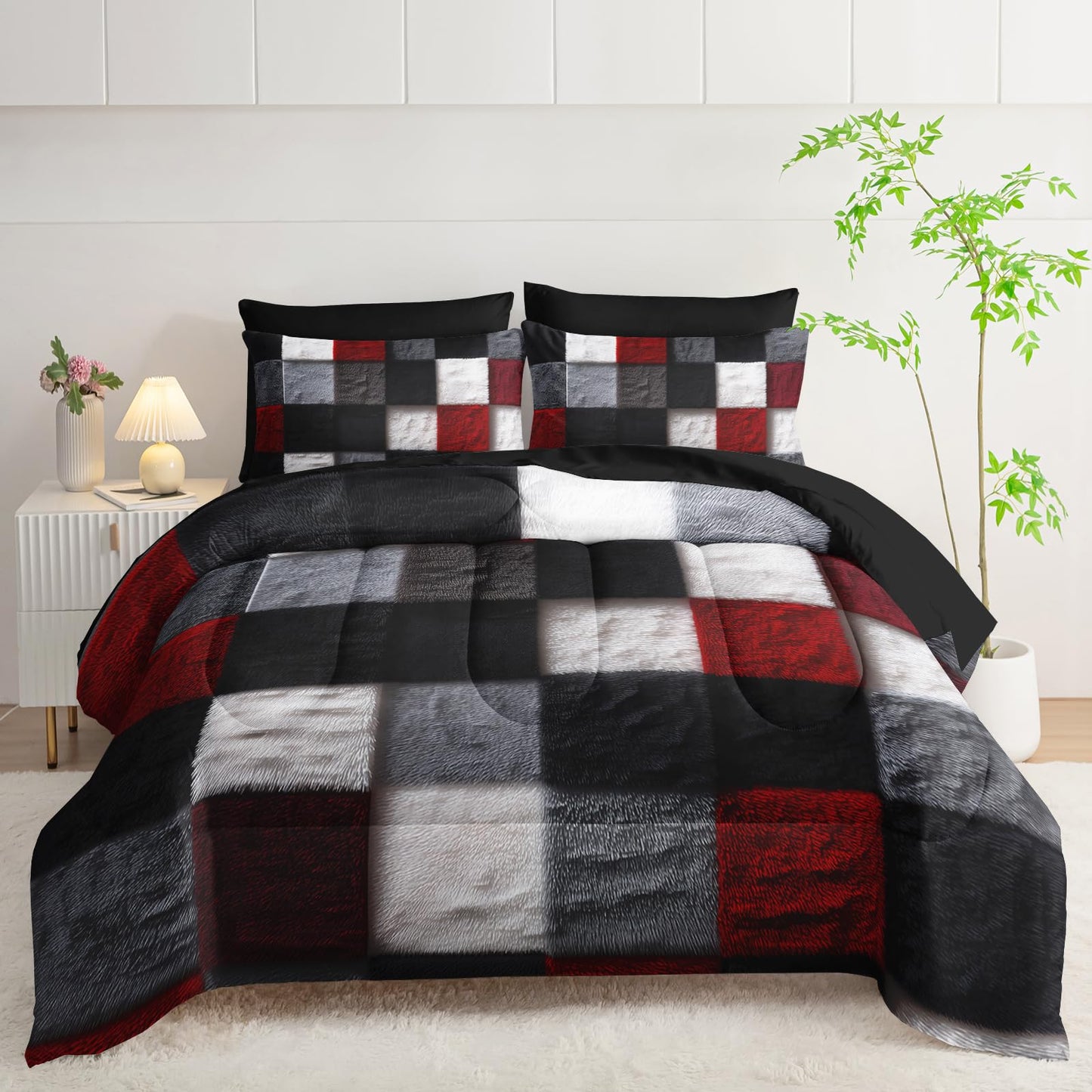 lneffble 7 Piece Black White Red Checkered King Size Comforter Set with Sheets，King Size Quilt Bedding Set Checkered，(1 Comforter, 1 Flat Sheet, 1 Fitted Sheet, 2 Pillowcase and 2 Pillow Sham)