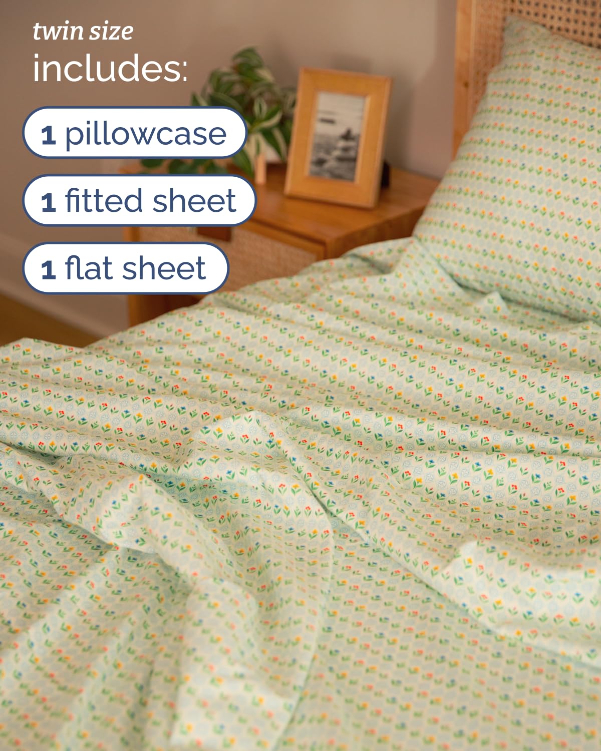 Floral Sheets - Flower Print Bed Sheet Set - 1 Flat, 1 Fitted & 1 Pillowcase w/ Deep Pockets - Comfy, Cozy, Wrinkle & Fade-Free - Boho Botanical Bedding - Soft, Breathable & Cooling - Twin Size Set