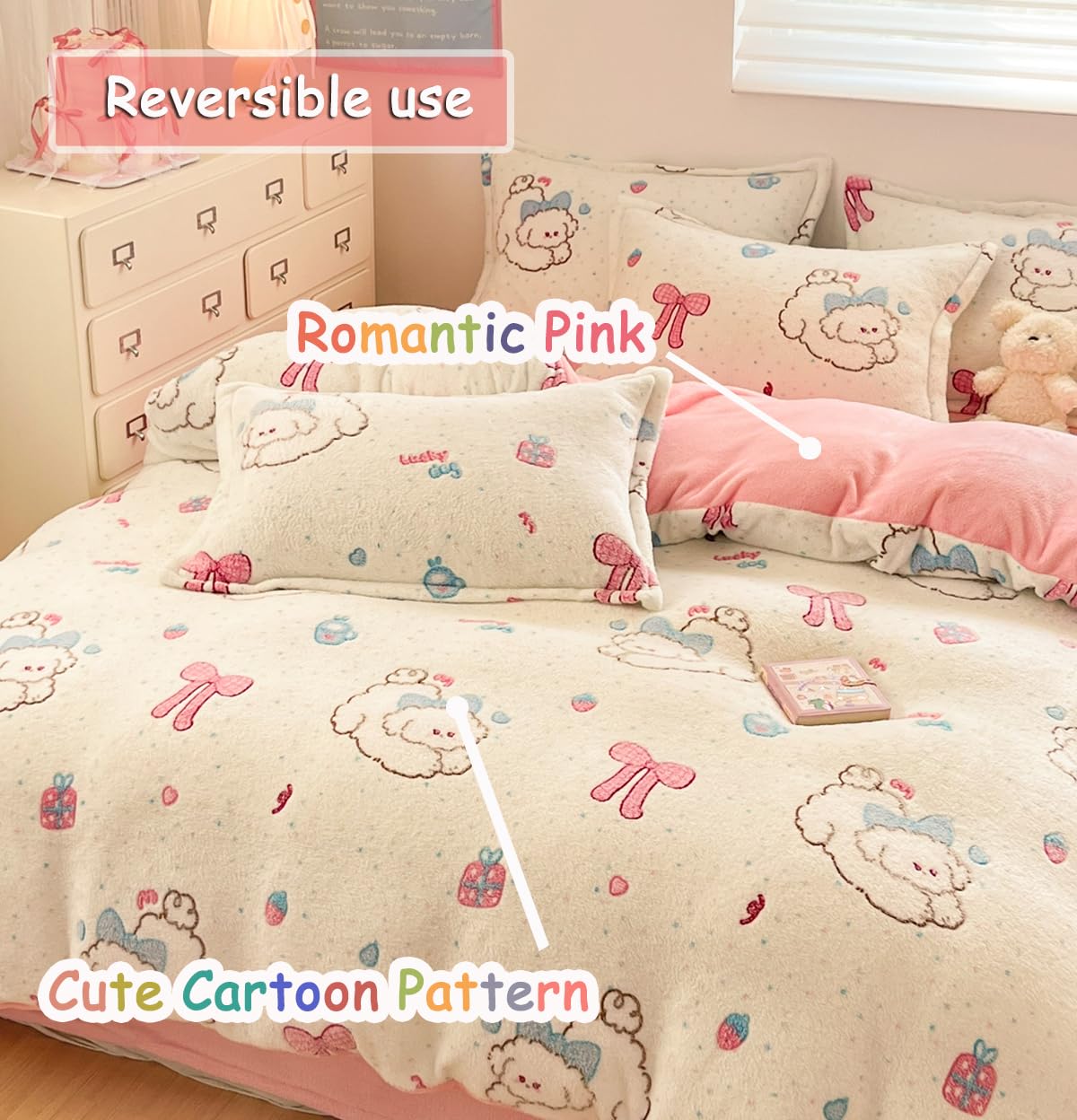 LMONMOO Pink Duvet Cover Queen, Puppy Kawaii Bedding Sets, Ultra Soft Cute Dogs Fluffy Comforter Covers Set for Girls Kids Women Teen (Puppy, Queen)