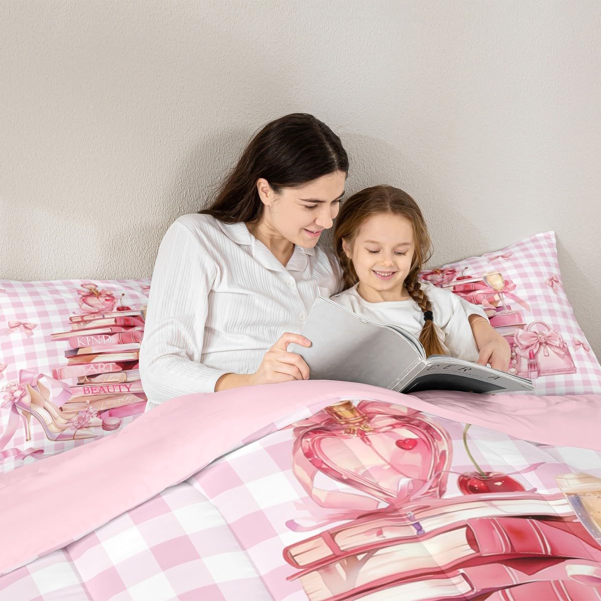 Erosebridal Girly Cute King Bedding Set for Teen Girl Kids | Pink Modern Fashion Comforter Set Pink White Plaid Bed Collections Trendy Coquette Duvet Quilt Sets