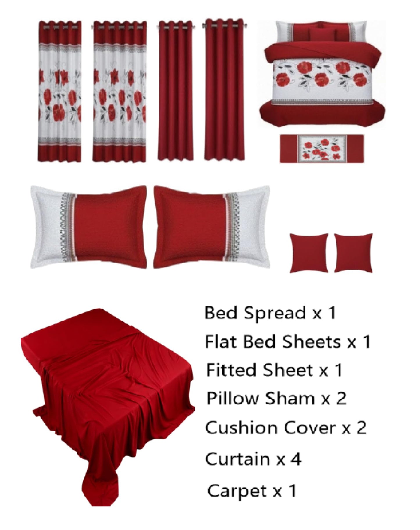 JKCCZLL Queen Size Quilt 12 Piece Set Floral Bedding with Matching Curtains Fitted Sheet Red Queen