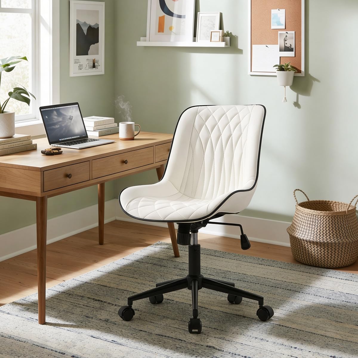 Rowill Modern Office Chair, Swivel Home Office Desk Chair, Rolling Task Chair, Adjustable Work Chair for Small Space, 300LBS Support, White