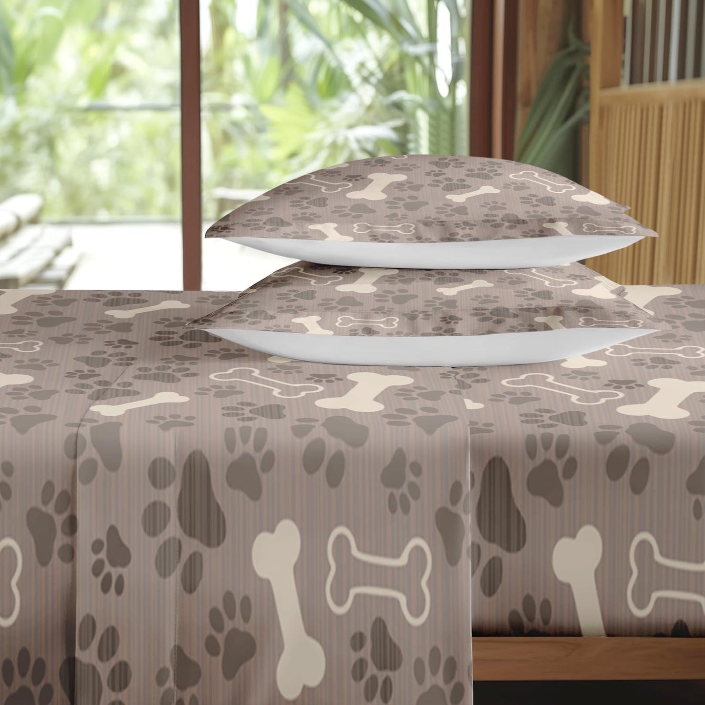 Pamnest Queen Size Bed Sheet Sets, Cute Dog Paw Animal Soft Microfiber 4 Pcs Bedding Sets for Kids and Adults Bedroom Bed Decor, Pet Puppy Bone Flat, Fitted Sheet and 2 Pillowcases