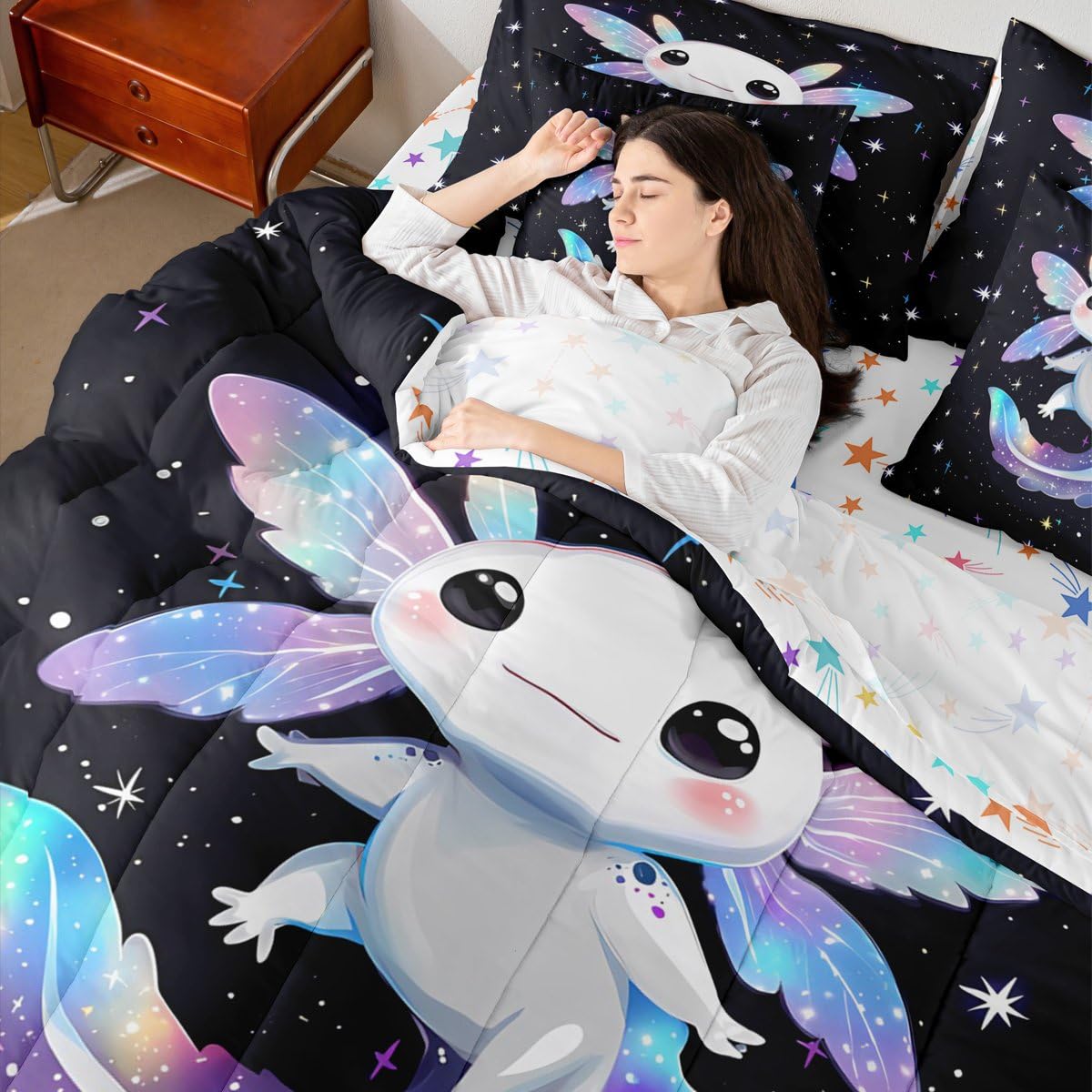 Colorful Axolotl Queen Comforter Set Kids Cute Rainbow Axolotl Bed in a Bag with Flat and Fitted Sheet Sparkle Starry Sky Stars Galaxy 7-Piece Bedding Set Lovely Salamander Quilt Duvet Sets