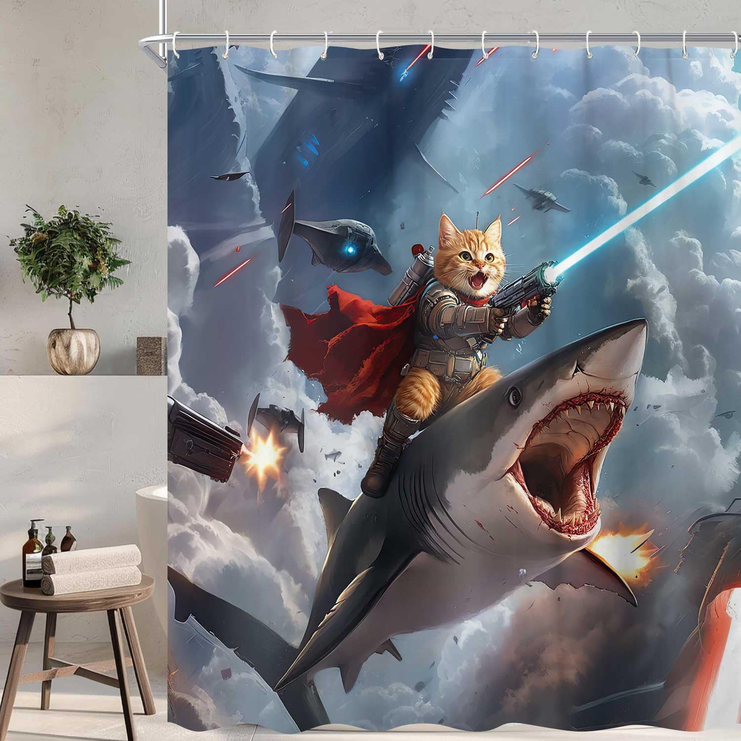 Dizifinn Funny Shower Curtain, Hilarious Cool Cat Shower Curtain, Blue Cool Cat Riding Shark Ocean Wave Shower Curtain for Bathroom, Funny Kids Boy Shower Curtain Sets, with Hooks 72x72 Inch