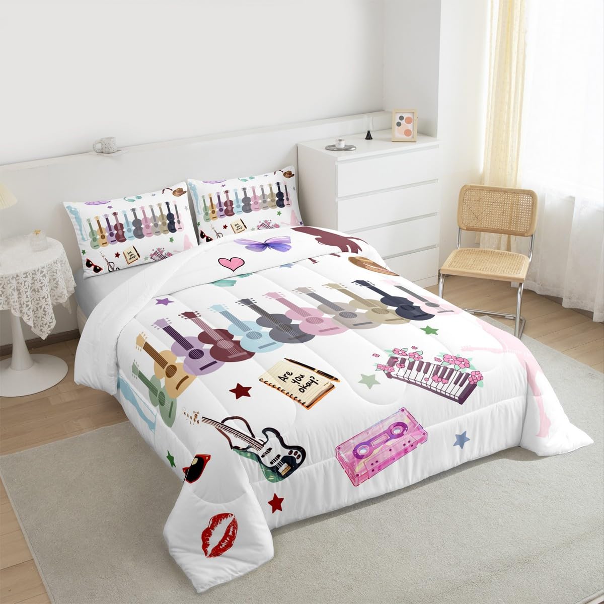 Erosebridal Music Comforter Set Music Theme Bedding Set Full Size Singer Fans White Down Comforter Fashion Birthday Valentines Day Gift Quilt Set for Musics Fans Lovers