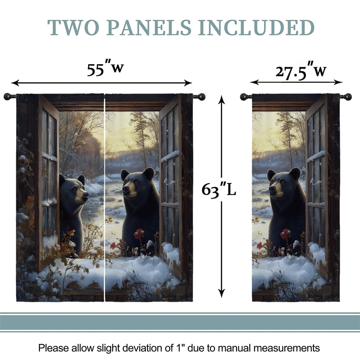 Black Bear Boy Girls Blackout Curtains,Rustic Winter Snow Scene Country Farmhouse Wildlife Vintage, 2 Panel Rod Pocket Thermal Insulated Drapes for Bedroom, Living, Kids Teen Room Deco 55x63 inch