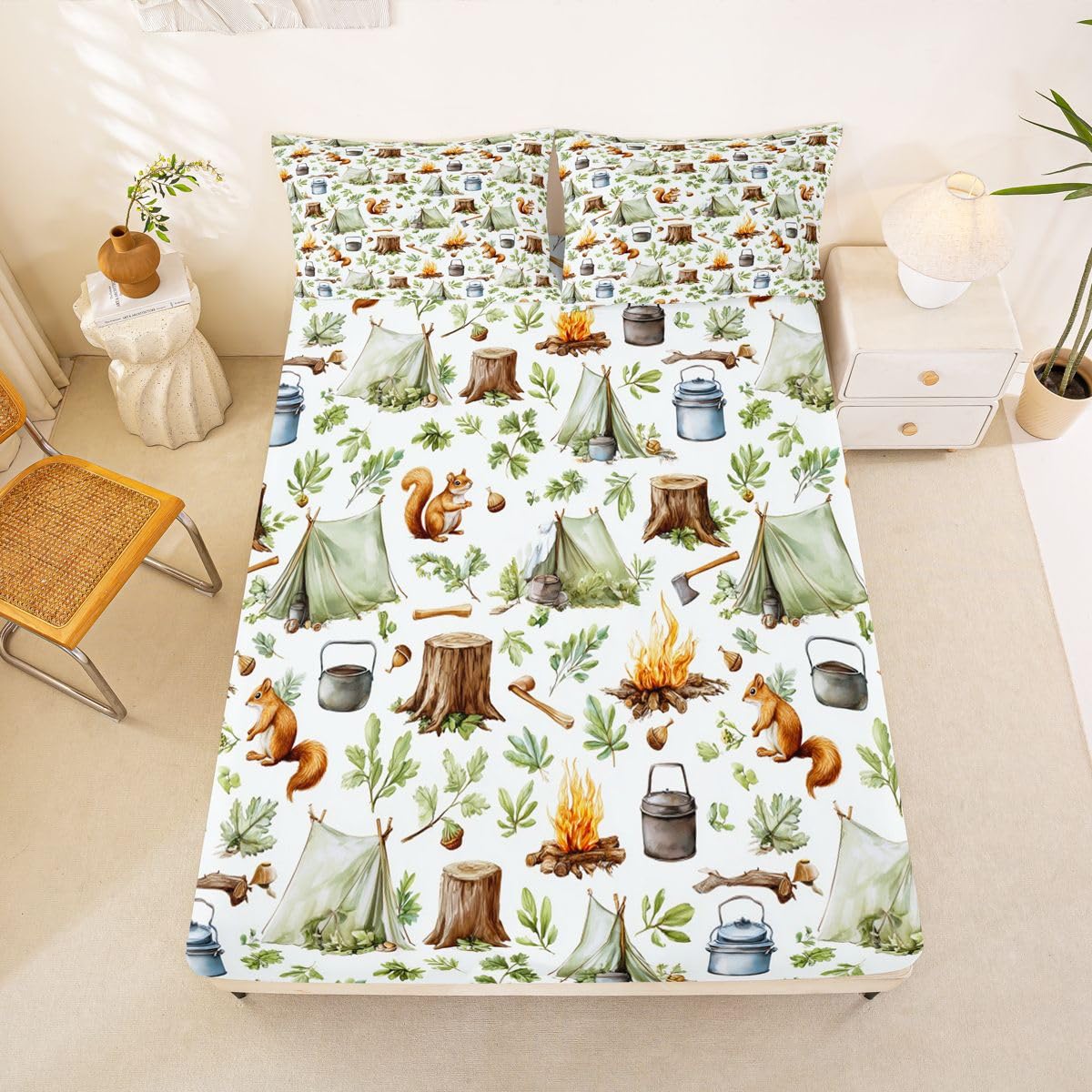 Cartoon Camping Fitted Sheets Full Size (No Flat),Campsite Tent Bonfire Bedding Set 3Pcs,Kids Teens Woman Room Decor,Squirrel and Pine Tree Bed Sheet Rustic Brown Green Deep Pocket Sheet,2 Pillowcases