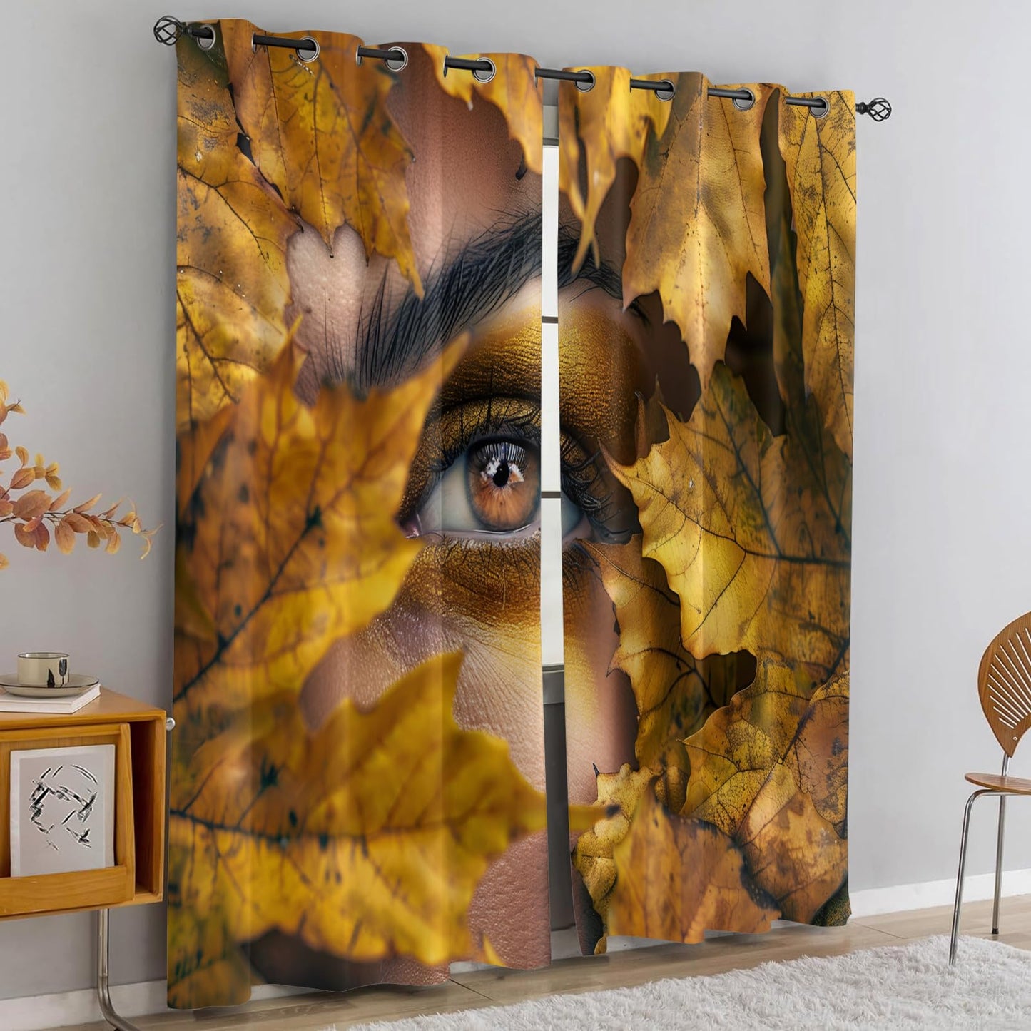 XAFIAUR Leaves Blackout Curtains, Fashion Eyes Printed Drapes, Autumn Landscape Thermal Insulated Drapes 2 Panels Darkening Window Curtain for Bedroom Living Room 31.5" W x 63" L x2