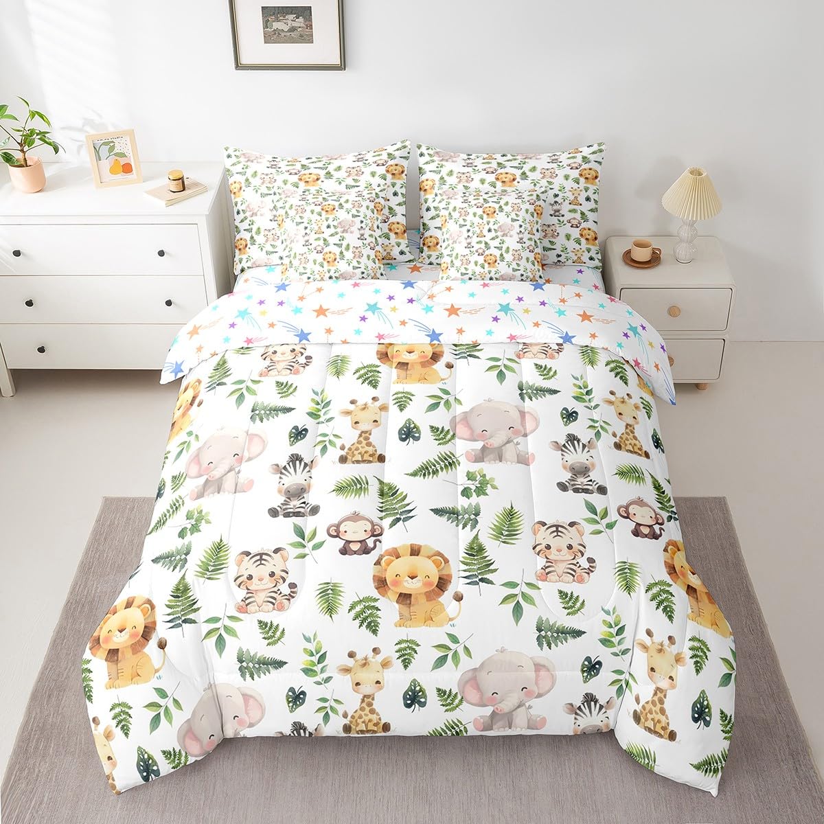 Erosebridal Cute Jungle Animal Twin Size Comforter Set with Sheets Kids Cartoon Zoo Animal 7-Piece Bedding Set Teens Giraffe Elephant Lion Bed in a Bag Green Palm Leaves Bed Quilt Sets